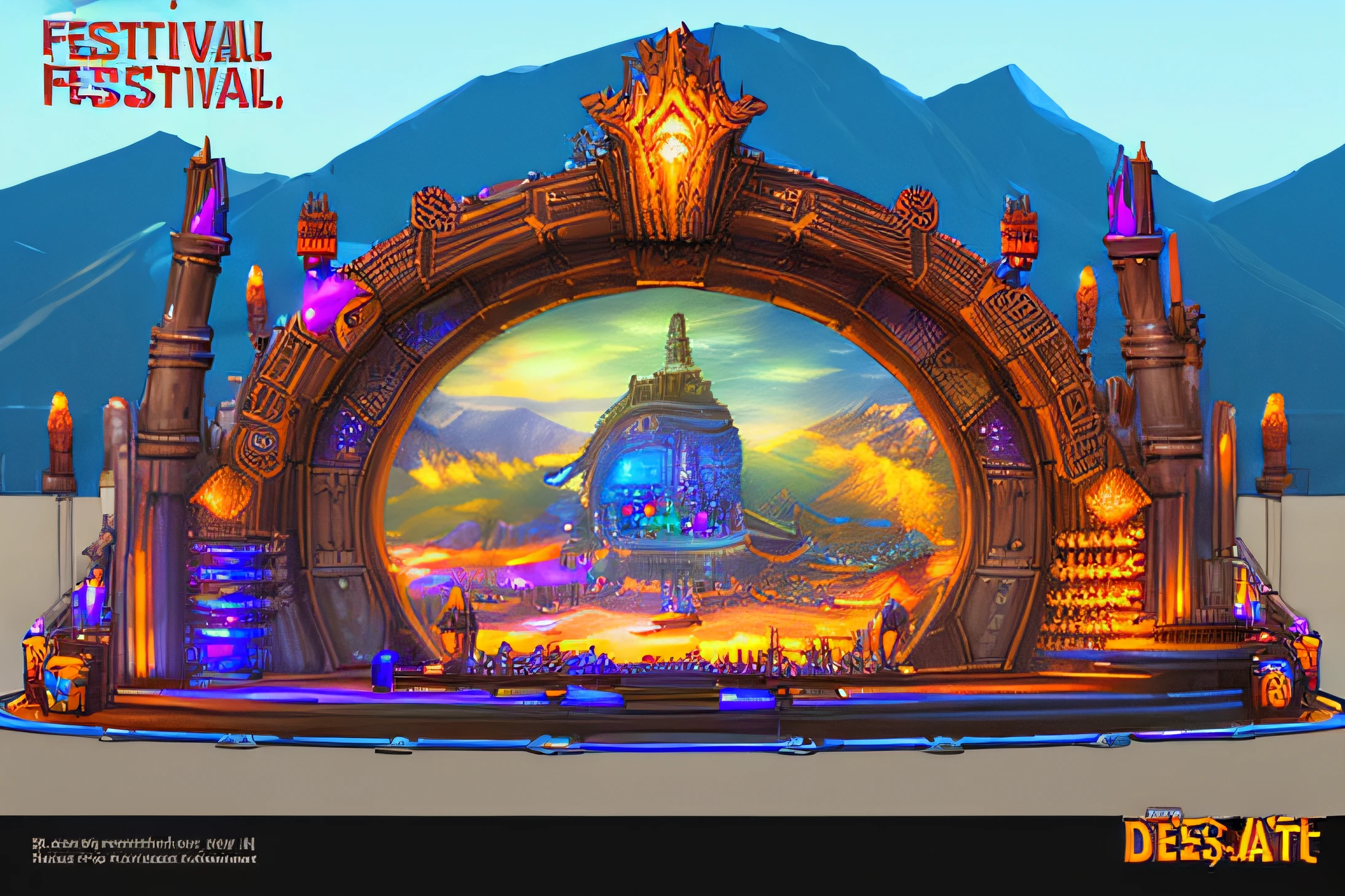 ((festival stage)), Tomorrowland mainstage, (architecture design, detailed design, detailed concept art:1.8), building design, EDC festival, Ultra Music Festival, dubstep, featured on artstation,