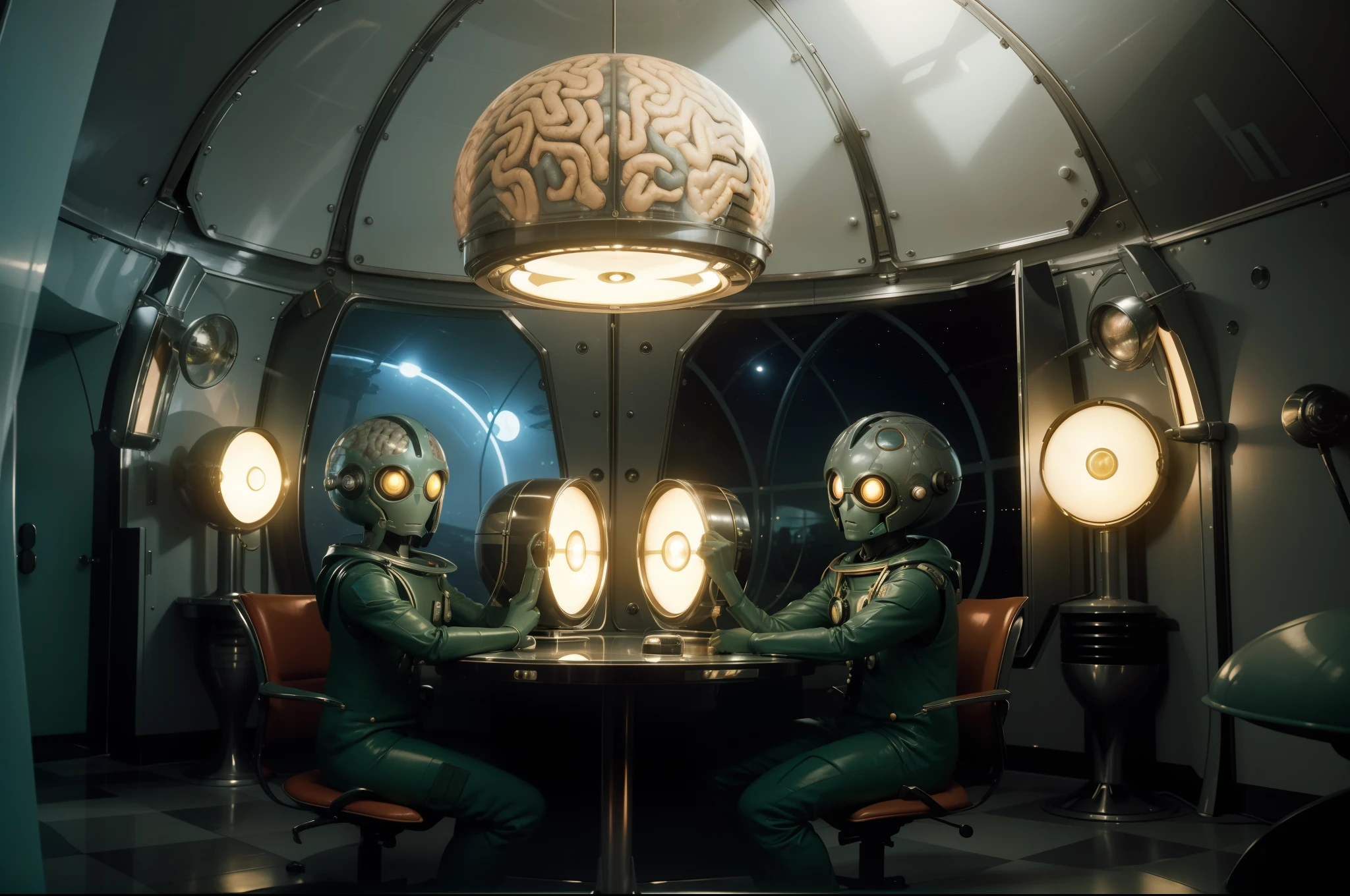 A Martian rearing the top of his brain out of a very big cardbox. Retrofuturistic house as background, big rounded windows, round tv, 1970's style furniture. Colorful image. Illuminated by lamps and light through the windows. Highly detailed. Photorealistic.