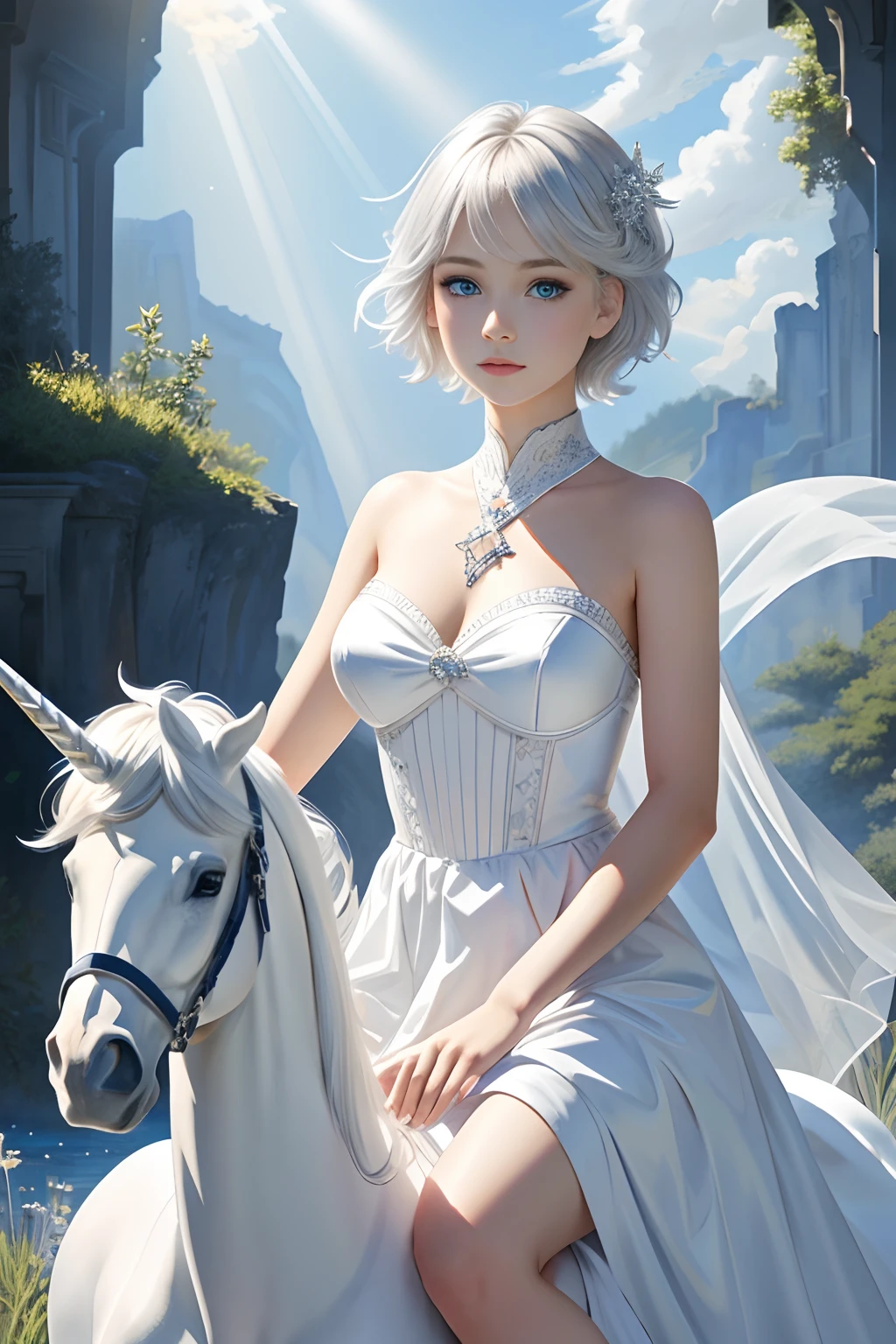 (Best Quality, Masterpiece: 1.1), (Realistic: 1.4), Beautiful girl on unicorn takes the sky,god ray,teen,silver short hair,blue eyes