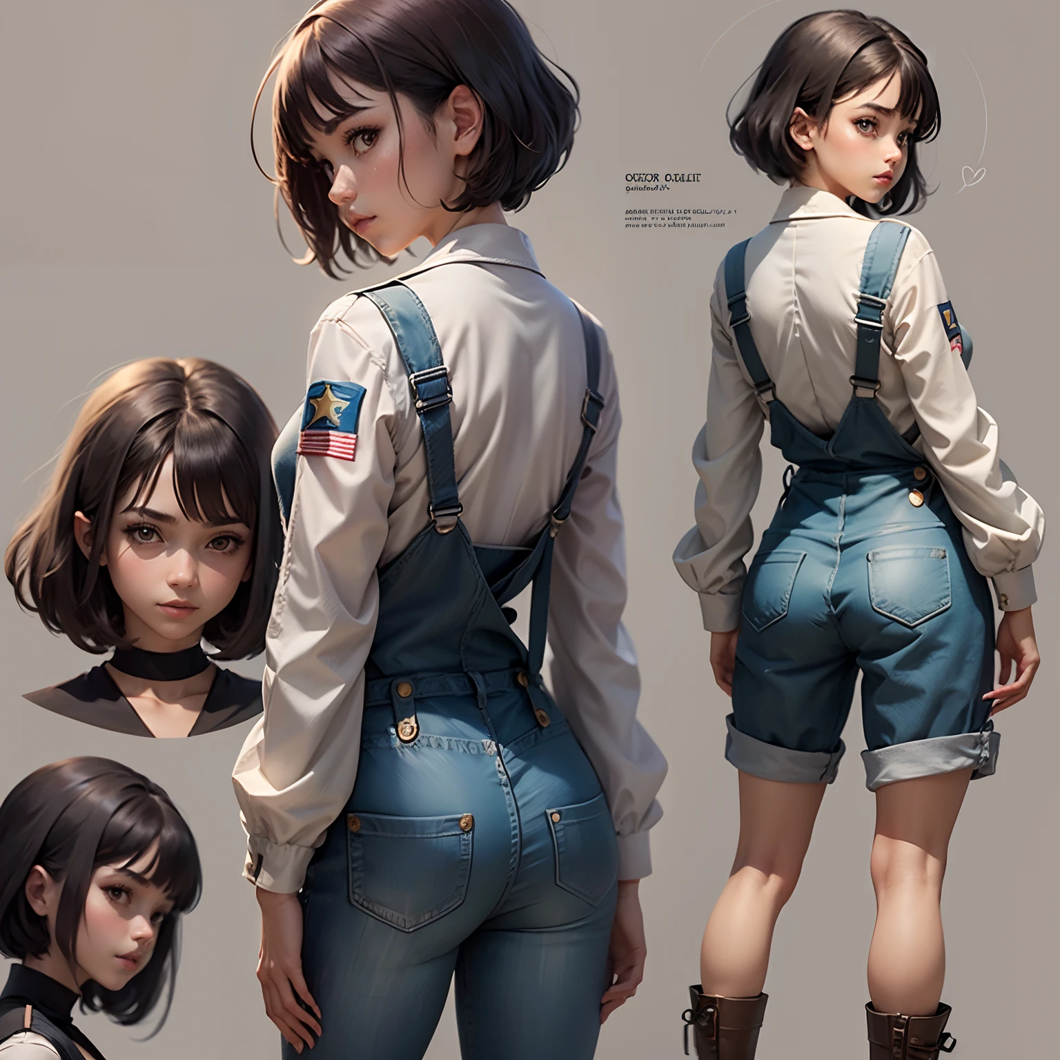((masterpiece)),(((best quality))),(character design sheet, same character, front, side, back), illustration, 1 girl, short black hair, hairstyle picie, eyes, environment change scene, Female, wearing overalls Star, (simple background, white background: 1.3), --6