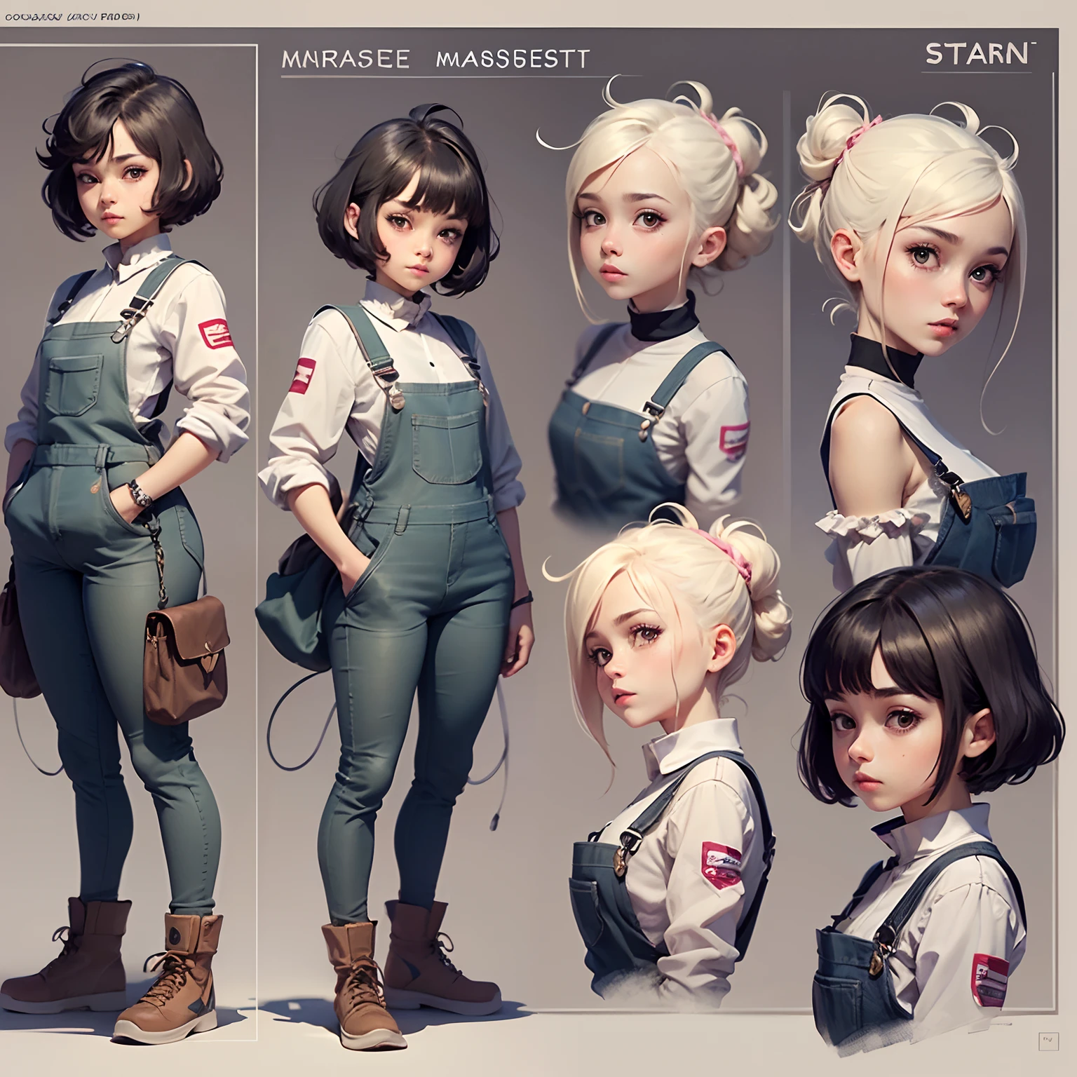 ((masterpiece)),(((best quality))),(character design sheet, same character, front, side, back), illustration, 1 girl, short black hair, hairstyle picie, eyes, environment change scene, Female, wearing overalls Star, (simple background, white background: 1.3), --6