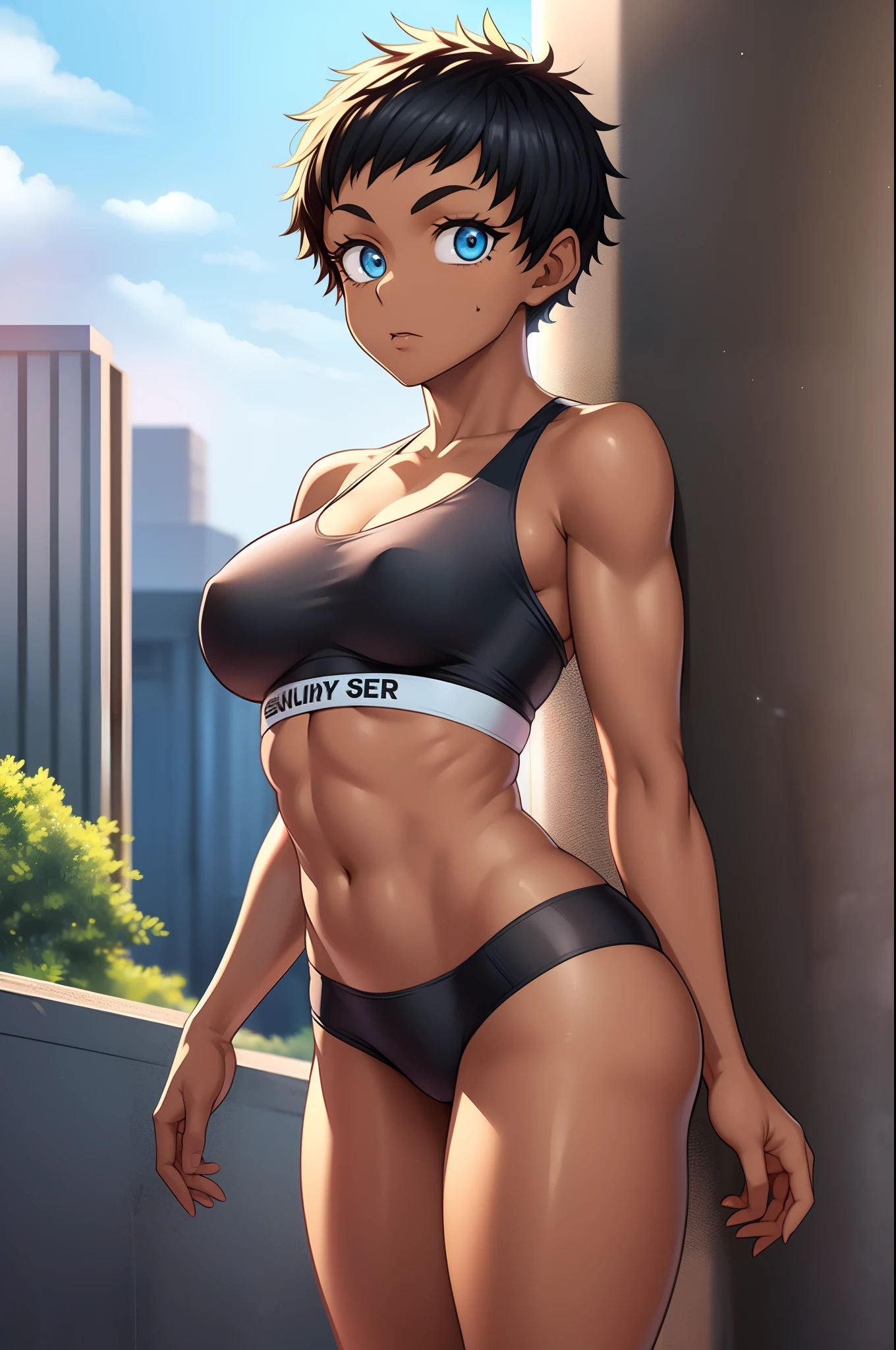 1girl, solo, sky, outdoors, looking at viewer, upper body, suiko \(one-punch man\), dark skin, short hair, dark-skinned female, sports bra, tomboy, breasts, mole under mouth, black hair, blue eyes,, full body