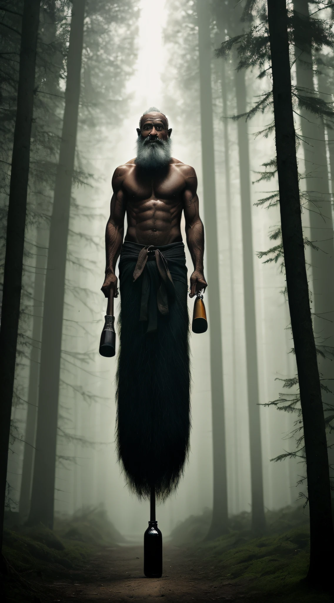 Old man with and feet shaped like glass bottle, 100 anos, preto, completamente peludo, sem roupas, com um chifre na testa. ONLY ONE ARM, holding a huge wooden stick. Walking in the middle of the forest at night. Floresta escura e nebulosa. imagem de corpo inteiro