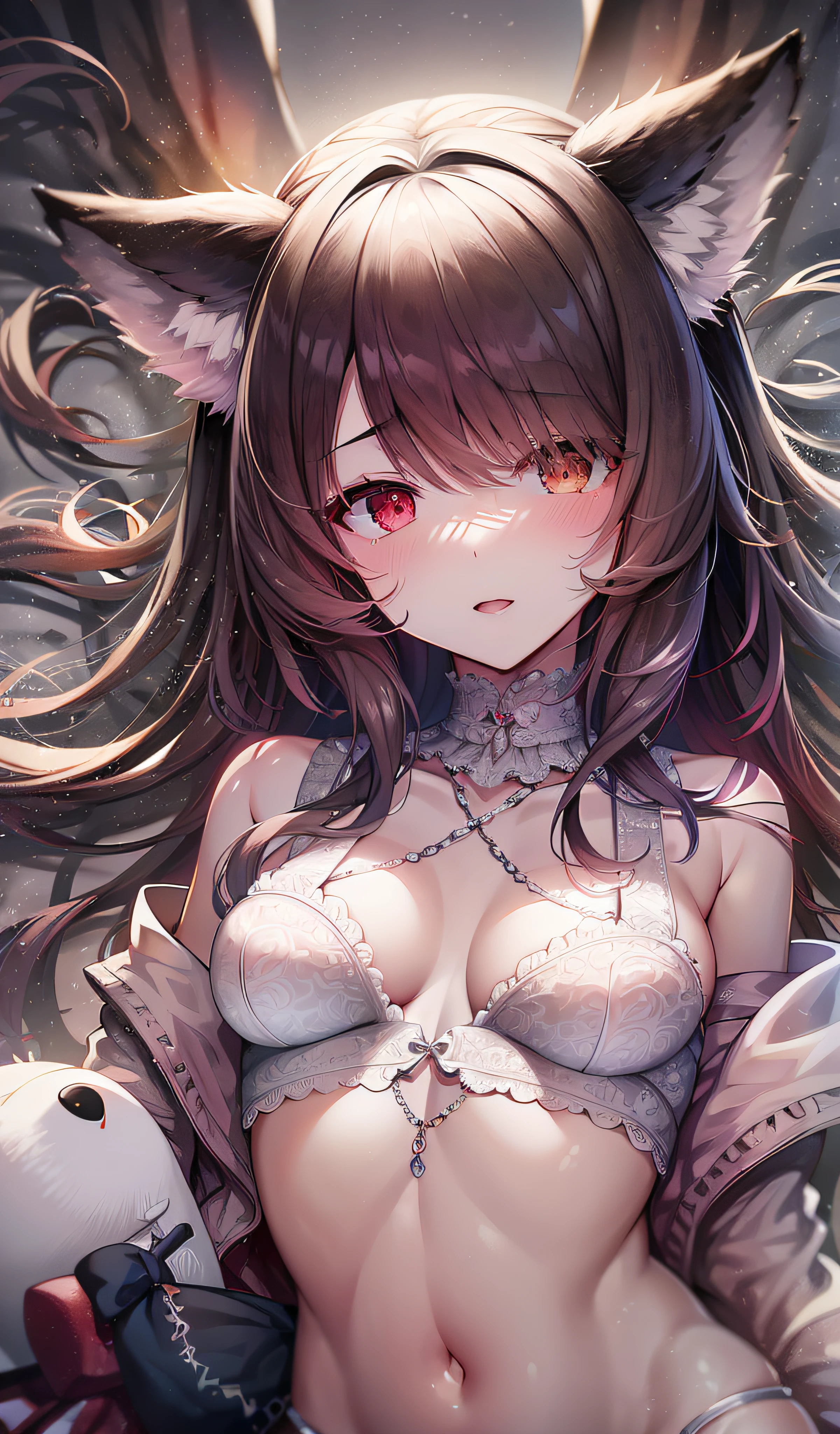 Lori, petite, small breasts, full-body figure, 18-year-old girl dressed with beast ears and bushy beast tail is sleeping in bed. It should be very realistic, with a high level of detail and a 16k resolution of beautiful light. The girl is a little off center and attracts the viewer's eye.