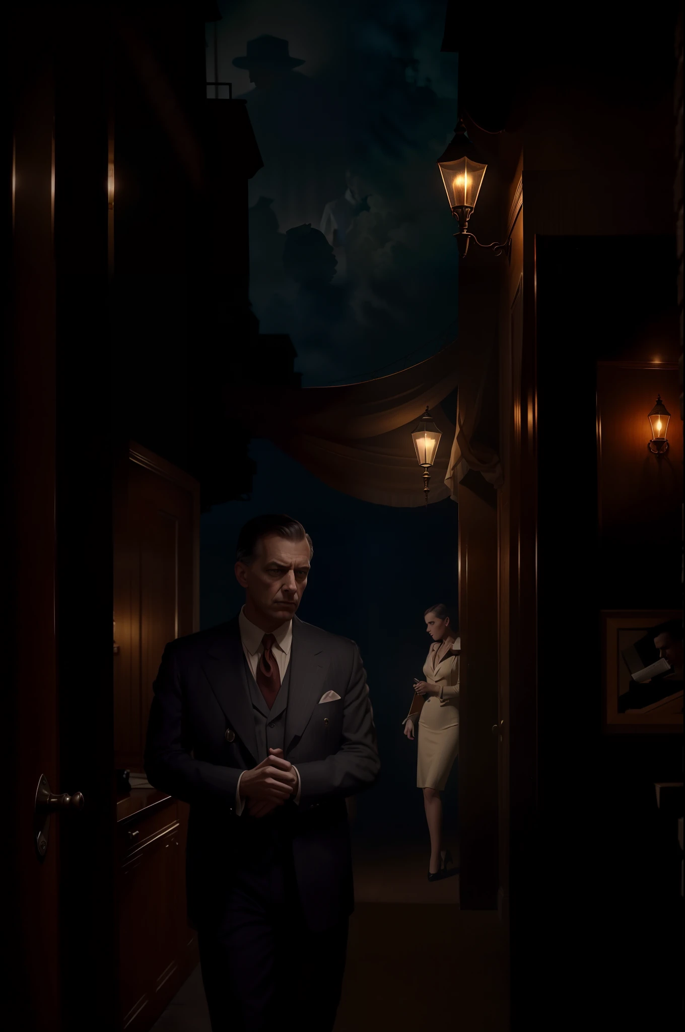 Uma imagem de um detetive particular dos anos 1940 vestido com um traje de detetive sensual e cativante, investigando um clube de jazz fumegante. The scene evokes the atmosphere of a classic crime novel, with moody lighting, Jazz music and a hint of danger in the air.