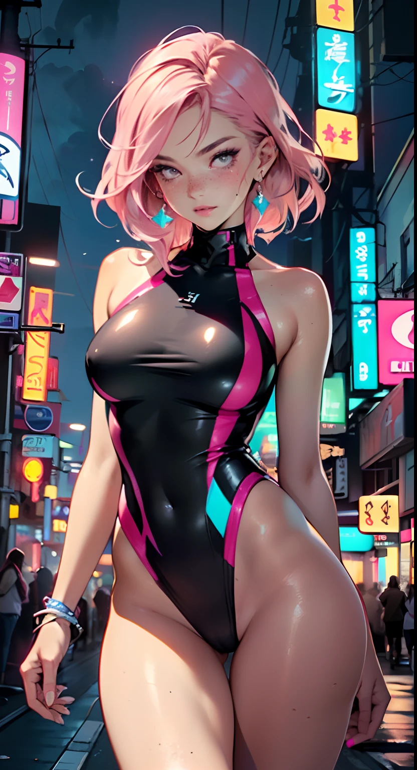 sporty girl,(((1girl))),((anime girl with bubblegum pink hair and freckles,extremely cute and gorgeous seductively walking down the street)),
(large breasts:1.4),saggy breasts,(((bubblegum pink hair:1.35,straight hair,long hair:1.4,colored inner hair,ear breathing))),((heterochromia,eye1 pink,eye2 azul,perfect eyes,upturned eyes:1.3,beautiful detailed eyes,finely detailed beautiful eyes:1,big highlight on eyes:1.2,slanted eyes)),((fat)),(((freckles on the face,freckles,freckled girl))),(((lustrous skin:1.5,bright skin: 1.5,skin tanned,shiny skin,very shiny skin,shiny body,plastic glitter skin,exaggerated shiny skin))),(spider lower abdomen,narrow waist,wide hip,athletic body,inflated legs,delicate detailed fingers,detailed body,detailed arms,human hands,(detailed face)),
cute,slutty,seductive,erotic,(((nsfw))),
((one-piece_swimsuit magenta)),(wearing a one-piece_swimsuit outfit:1.3),(detailed outfit,detailed clothes),
(dynamic pose:1.0),embarrassed,centered,scale to fit dimensions,Rule of thirds,
outdoors,((night view)),(very pretty city neon synthwave,cyberpunk night street Background:1.5,dark sky,thick clouds),future vehicles,((neon lights)),thick clouds,(cyberpunk style,neon lights, (synthwave theme background), lonely street),(((detailed background:1.25))),
(best quality),(high resolution),(sharp focus),(ultra detailed),(extremely detailed),(extremely high quality artwork),8k_wallpaper,(extremely detailed CG 8k),(very fine 8K CG),((hyper super ultra detailed perfect piece)),flawless,(((masterpiece))),illustration,vibrant colors,(intricate),High contrast,Selective lighting,Double exposure,HDR (High Dynamic Range),Post-processing,Background blur,