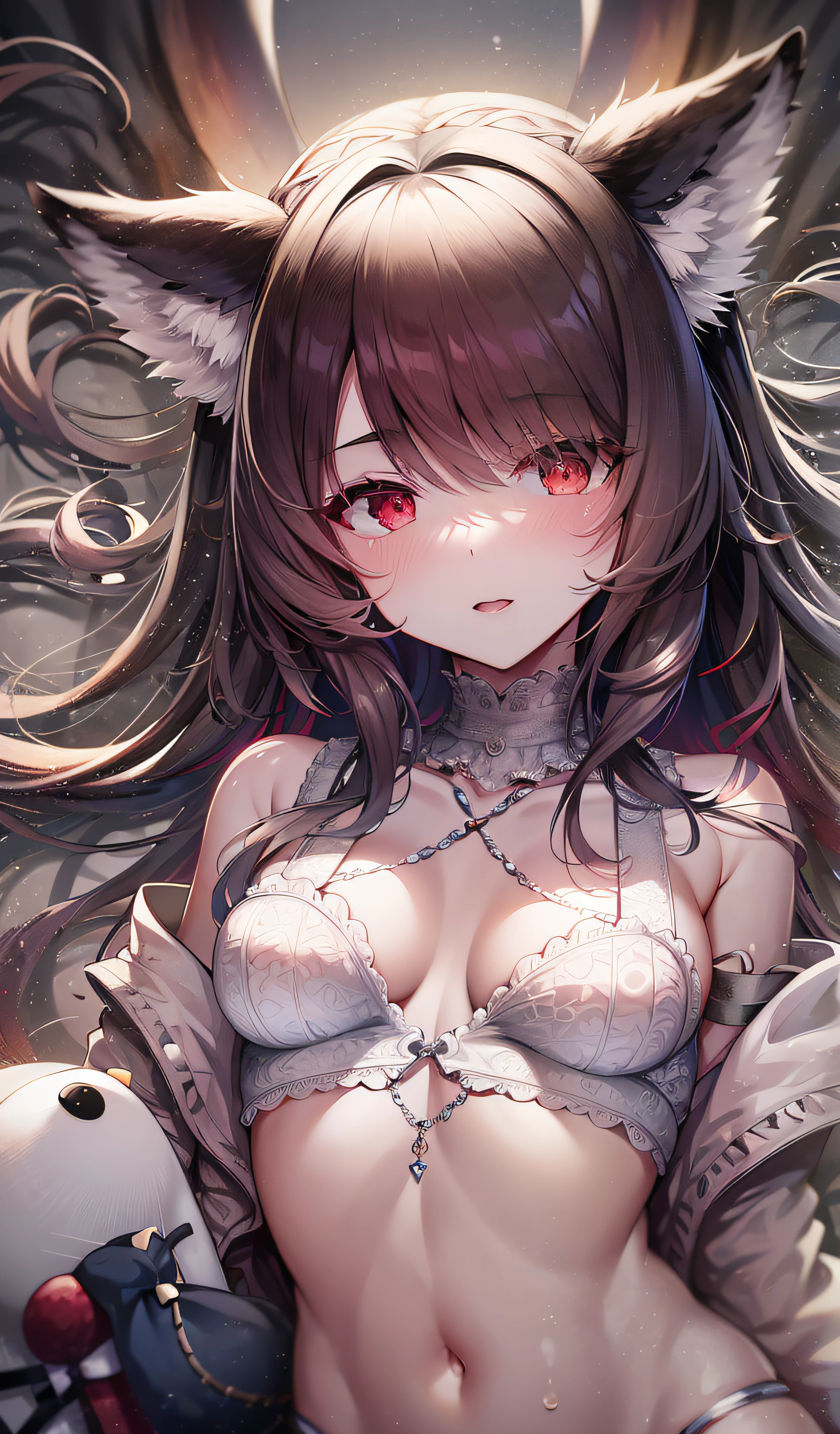 Lori, petite, small breasts, full-body figure, 18-year-old girl dressed with beast ears and bushy beast tail is sleeping in bed. It should be very realistic, with a high level of detail and a 16k resolution of beautiful light. The girl is a little off center and attracts the viewer's eye.