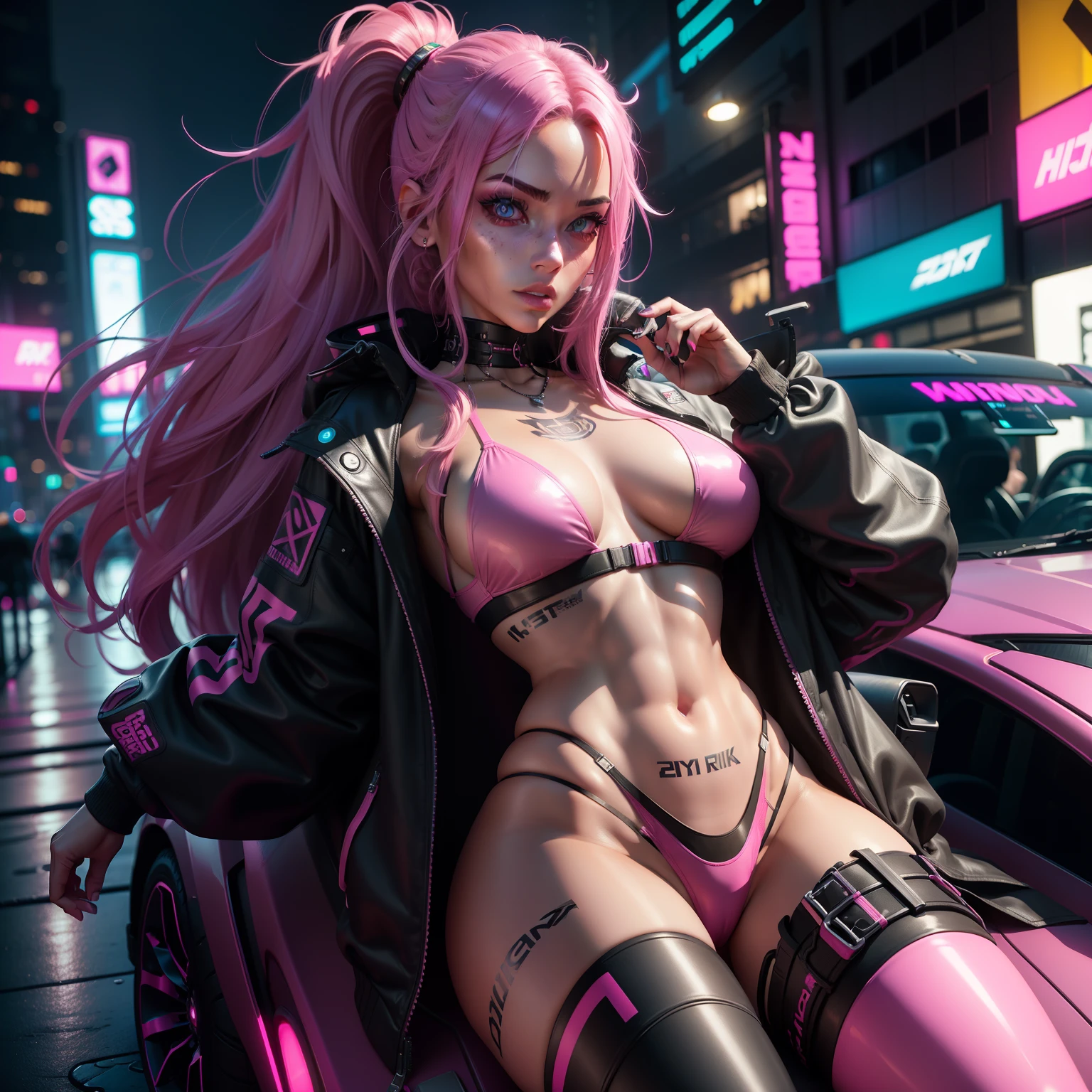 Woman in pink macro bikini posing in neon car, Airy pink down jacket,cyberpunk 2 0 y. o Model girl, Chic,Pink Long Hair, Photorealistic perfect body, wlop glossy skin, dreamy cyberpunk girl, Smooth black skin, cyberpunk art ultrarealistic 8k, In a cyber-punk style, full body cgsociety, Pink body, an oppai cyberpunk, 8 k sensual lighting, some pink, Sexy body, Tattoos in many colors, Dark Neon Room,Neon lighting,Neon Car. New York City,dark luster skin