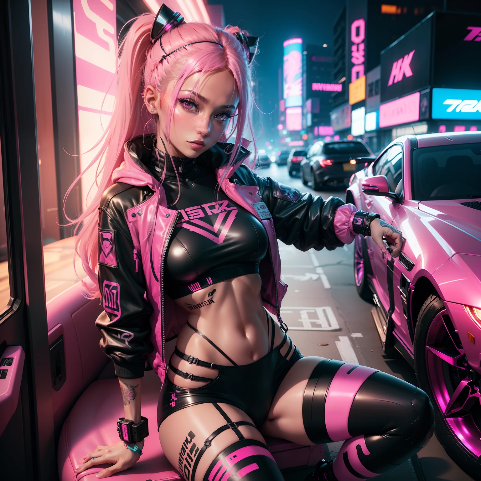 Woman in pink macro bikini posing in neon car, Airy pink down jacket,cyberpunk 2 0 y. o Model girl, Chic,Pink Long Hair, Photorealistic perfect body, wlop glossy skin, dreamy cyberpunk girl, Smooth black skin, cyberpunk art ultrarealistic 8k, In a cyber-punk style, full body cgsociety, Pink body, an oppai cyberpunk, 8 k sensual lighting, some pink, Sexy body, Tattoos in many colors, Dark Neon Room,Neon lighting,Neon Car. New York City,dark luster skin