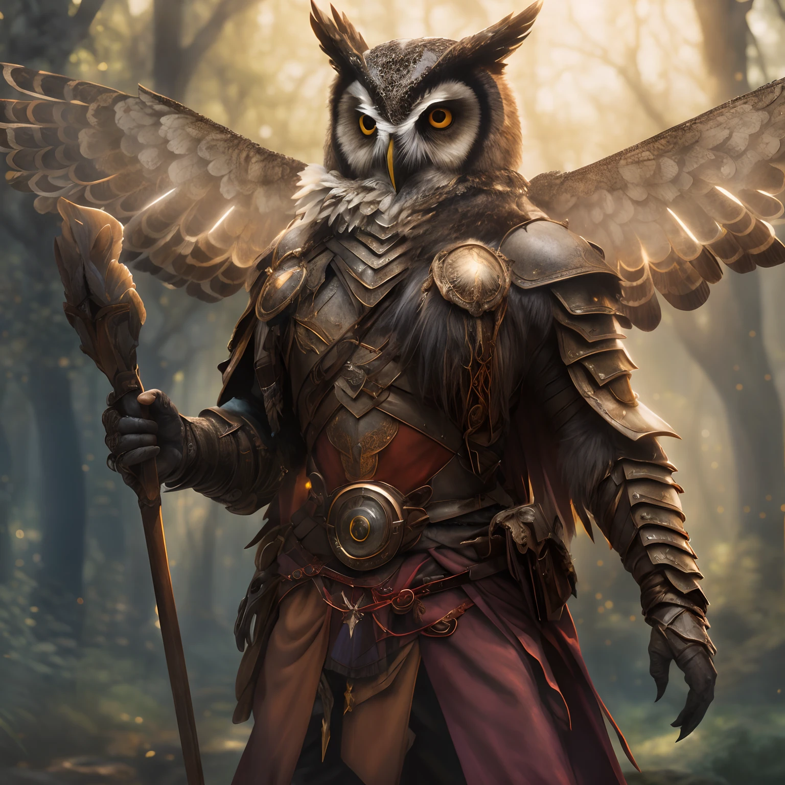 Warrior with metal owl armor, Owl wizard with bigger wings, Vogelkrieger, Fantasy Art Behance, Fantasy-Kartenspiel-Kunst, Hyperdetaillierter Fantasy-Charakter, Fantasy-Charaktergrafik, Epische Fantasy-Charaktergrafik, 4K-Fantasy-Kunst, Realistisches Fantasy-Artwork, Epischer digitaler Fantasy-Kunststil, Hochwertige Fantasy-Kunst, Epische Fantasy-Kartenspiel-Kunst