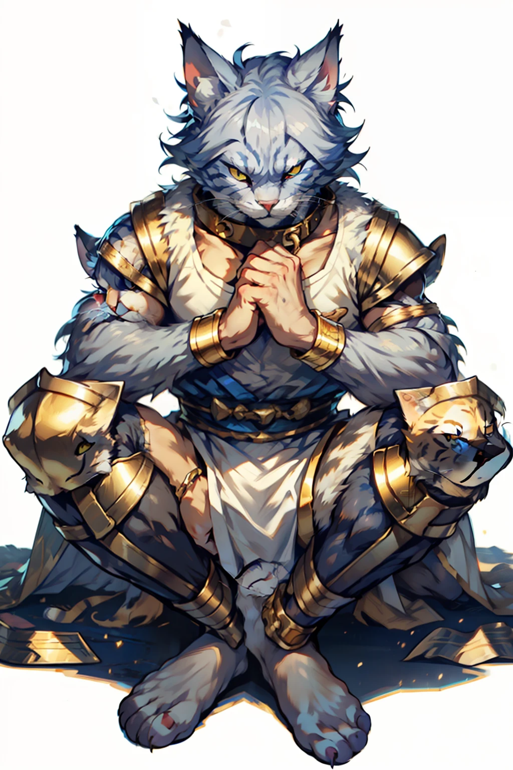 cat, cat face with whiskers, warrior, angry, beserk, full body to toes and feet, topless, grey furry, fur covering all over the body from head to toes to hand, claws, 1 long cat tail, hands are cat paws, street fighter, random boxing pose, cat ears, gold collar around the neck, gold ankle bracelet, gold wristband, golden shin pads, wearing a pure white vest, wearing boxing tights, white background,