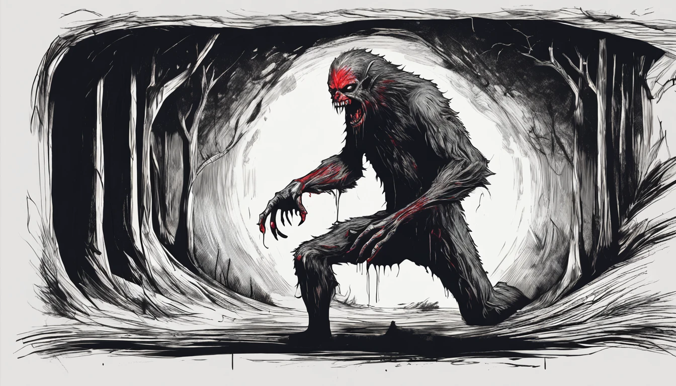 "Terrifying horror art of a full-bodied terrifying werewolf with sharp teeth, set in a dark ambient cabin. The artwork showcases the eerie atmosphere of Poland cryptid folklore.", standing in horrifying pose, red liquid on face