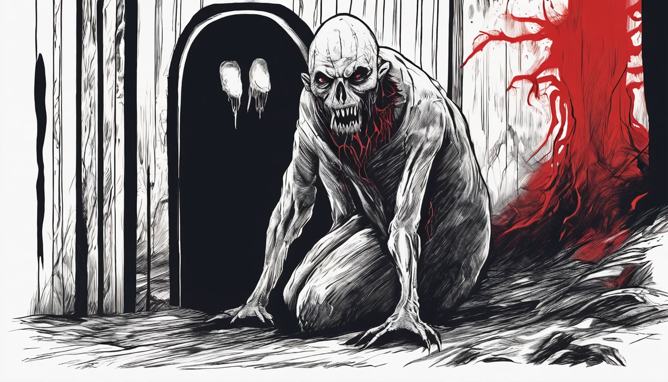 "Terrifying horror art of a full-bodied terrifying werewolf with sharp teeth, set in a dark ambient cabin. The artwork showcases the eerie atmosphere of Poland cryptid folklore.", standing in horrifying pose, red liquid on face
