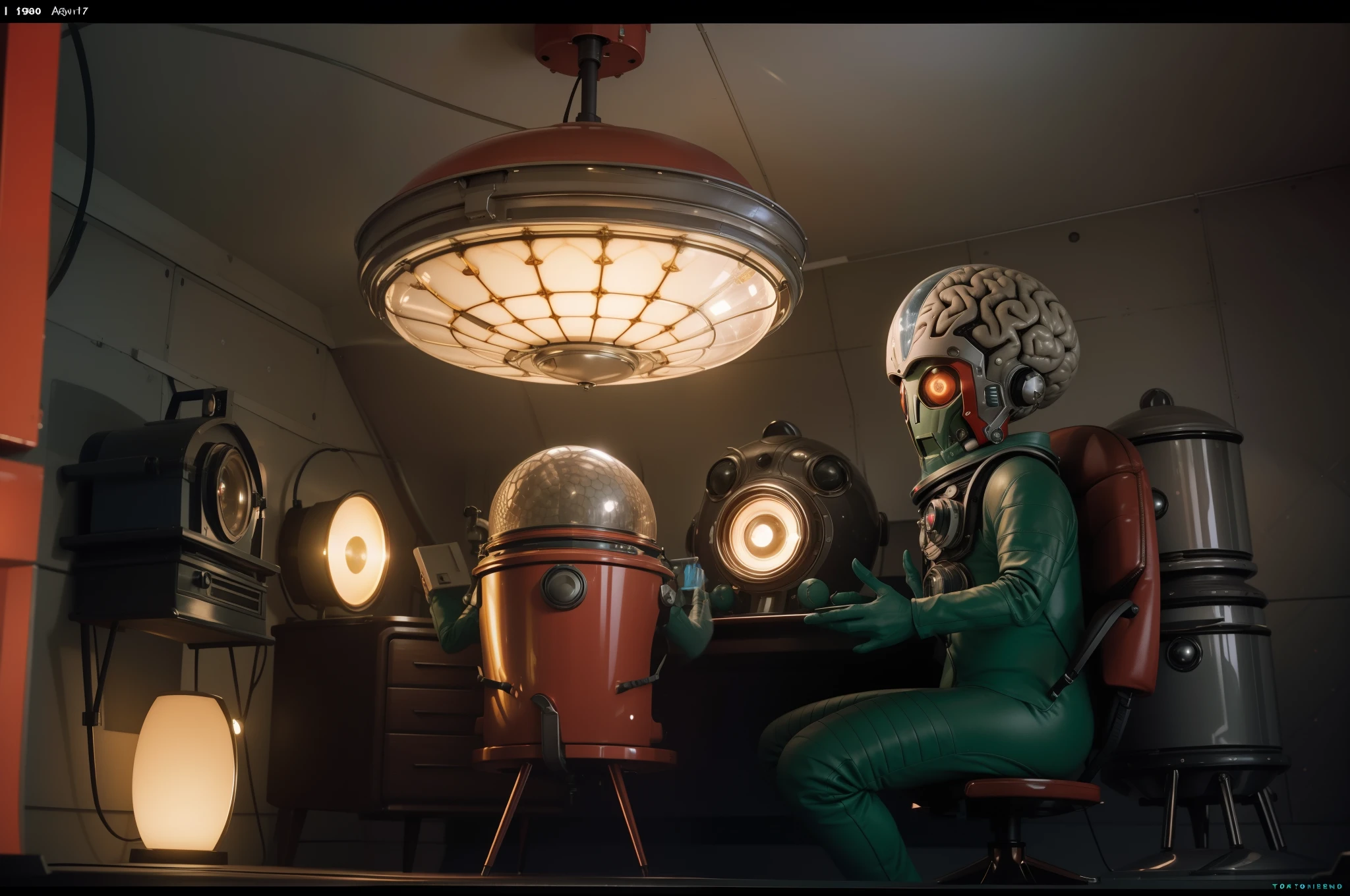 A Martian rearing the top of his brain out of a very big cardbox. Retrofuturistic house as background, big rounded windows, round tv, 1970's style furniture. Colorful image. Illuminated by lamps and light through the windows. Highly detailed. Photorealistic.