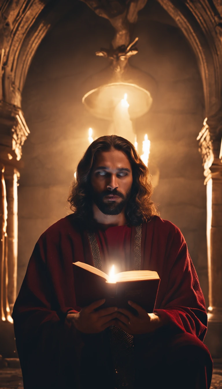 (alta qualidade: 1.3), Cinematic Still Shot, obra-prima, (foco nítido: 1.5), (fotorrealista: 1.3), medium portrait of (Jesus holding a HOLY BIBLE IN A FLASHY SETTING), fundo detalhado, clear lighting, twilight lighting, volumeric lighting, detalhes complexos, UHD, anjos ao fundo