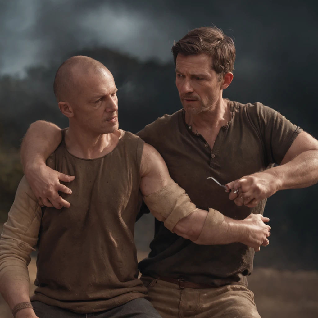 (Professional 3D rendering:1.3) de (Realistic:1.3) Foto de arte mais bonita do mundo,It features two men hugging each other with a knife behind their backs, Fierce in dynamic pose, fantastic location, majestoso ambiente desordenado)), corpo inteiro 8k unidade render, action shot, poros da pele, very dark lighting, sombreamento pesado, circunstanciado, Rosto detalhado, (vibrante, fotogrdeia realista, Realistic, Dramatic, Escuro, foco nítido, 8k), (Old leather clothes damaged by bad weather:1.4), ((((Use peles)))), (intrincado:1.4), decadente, (altamente detalhado:1.4), pintura digital, rendering by octane, art stations, Conceito-Arte, liso, foco nítido, illustration, germe da arte, (Loish:0.23), Wlop Ilya Kuvshinov, e Greg Rutkowski e Alphonse Mucha Gracias, (global ilumination, studiolight, Light Volumetric), chuva forte, floating particles, patife, fantasia, Onze, corpo inteiroesbian, ((Fundo escuro e antigo da cidade:1.3)),