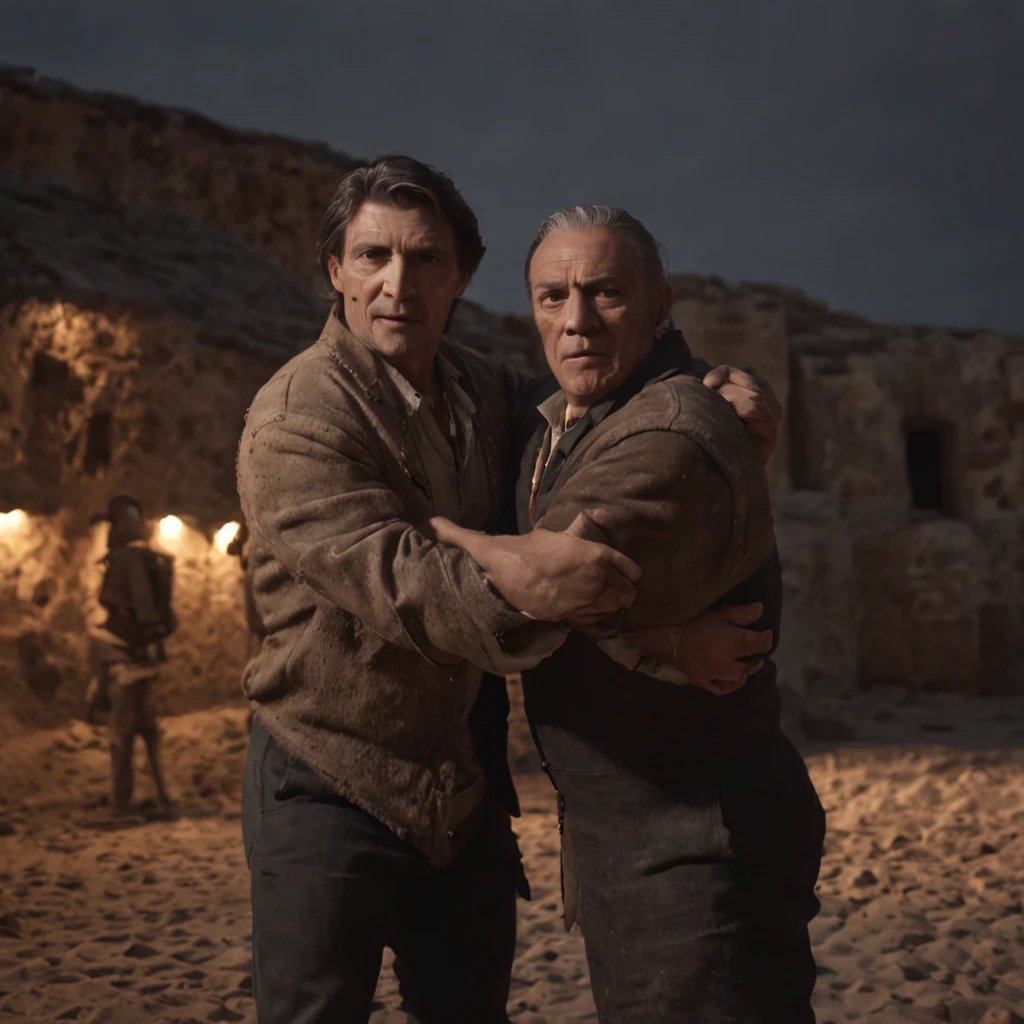 (Professional 3D rendering:1.3) de (Realistic:1.3) Foto de arte mais bonita do mundo,It features two men hugging each other with a knife behind their backs, Fierce in dynamic pose, fantastic location, majestoso ambiente desordenado)), corpo inteiro 8k unidade render, action shot, poros da pele, very dark lighting, sombreamento pesado, circunstanciado, Rosto detalhado, (vibrante, fotogrdeia realista, Realistic, Dramatic, Escuro, foco nítido, 8k), (Old leather clothes damaged by bad weather:1.4), ((((Use peles)))), (intrincado:1.4), decadente, (altamente detalhado:1.4), pintura digital, rendering by octane, art stations, Conceito-Arte, liso, foco nítido, illustration, germe da arte, (Loish:0.23), Wlop Ilya Kuvshinov, e Greg Rutkowski e Alphonse Mucha Gracias, (global ilumination, studiolight, Light Volumetric), chuva forte, floating particles, patife, fantasia, Onze, corpo inteiroesbian, ((Fundo escuro e antigo da cidade:1.3)),