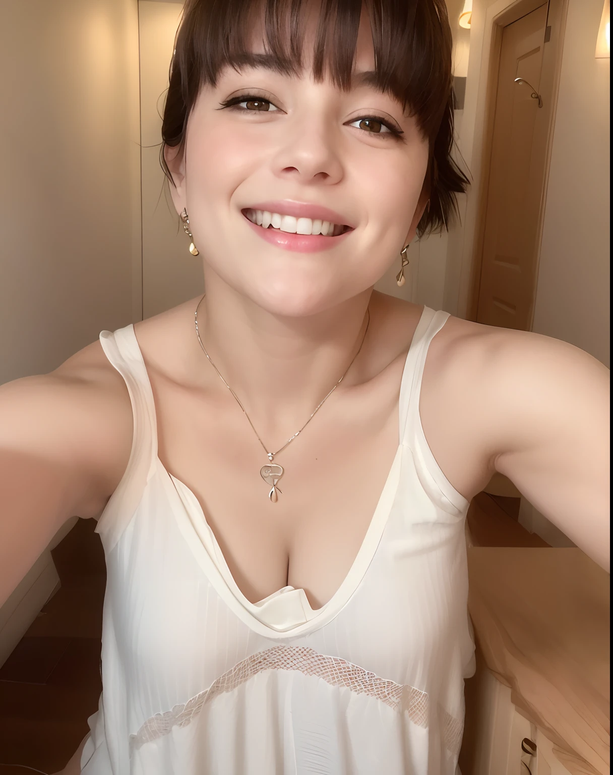 there is a woman that is smiling and posing for a picture, profile image, wearing a low cut tanktop, 3 0 years old woman, 30 years old woman, beautiful and smiling, very silly looking, smiling seductively, kaitlyn michelle siragusa, cute seductive smile, crazy seductive smile, profile pic, slight cute smile, 2 2 years old