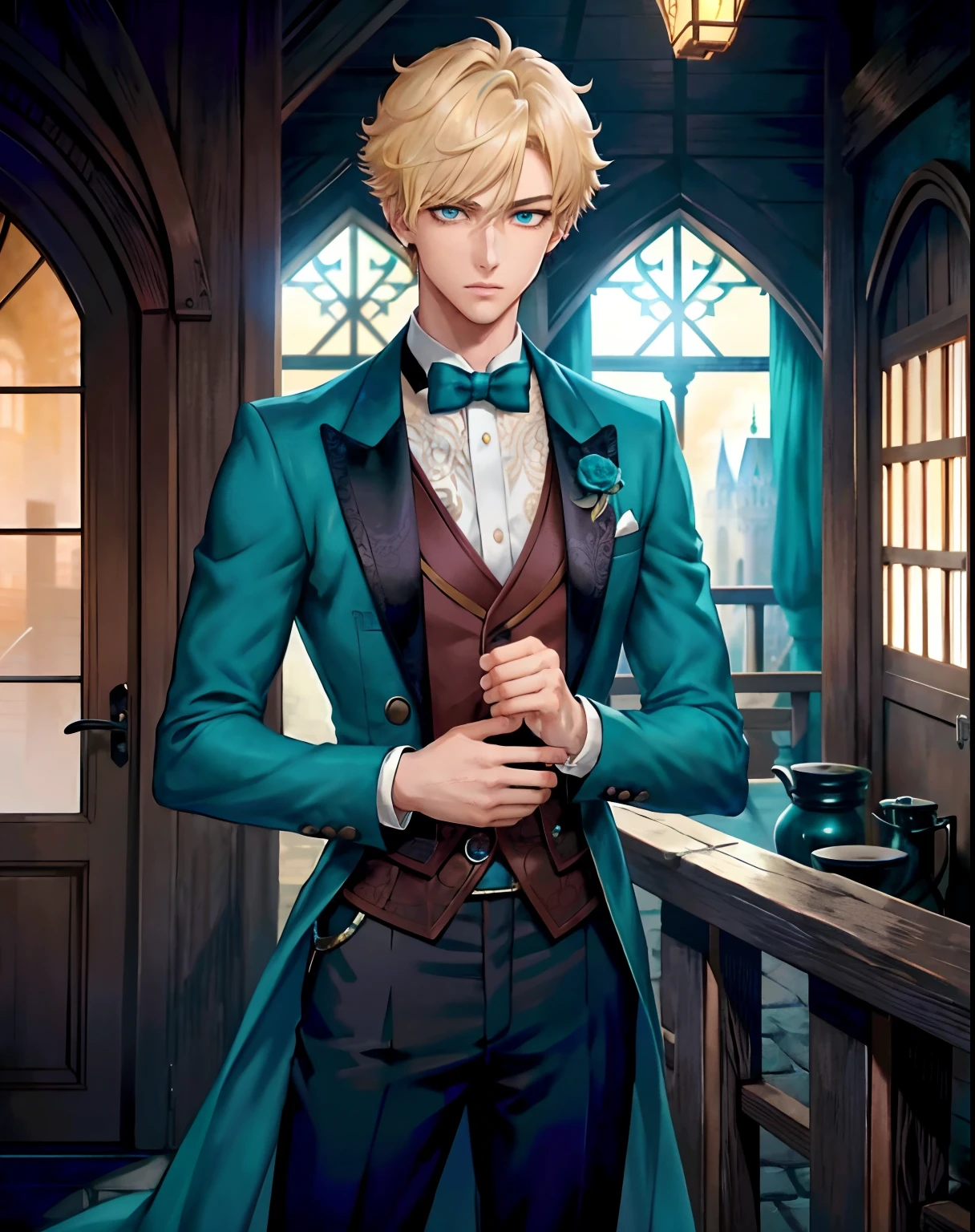 young boy, short curly blonde hair, Green eyes, smirk, evil, wizard hat, Magician's jacket, Magician Form, cane, playing cards, a joker, Masterpiece, hiquality, 4k, HD, Good detail