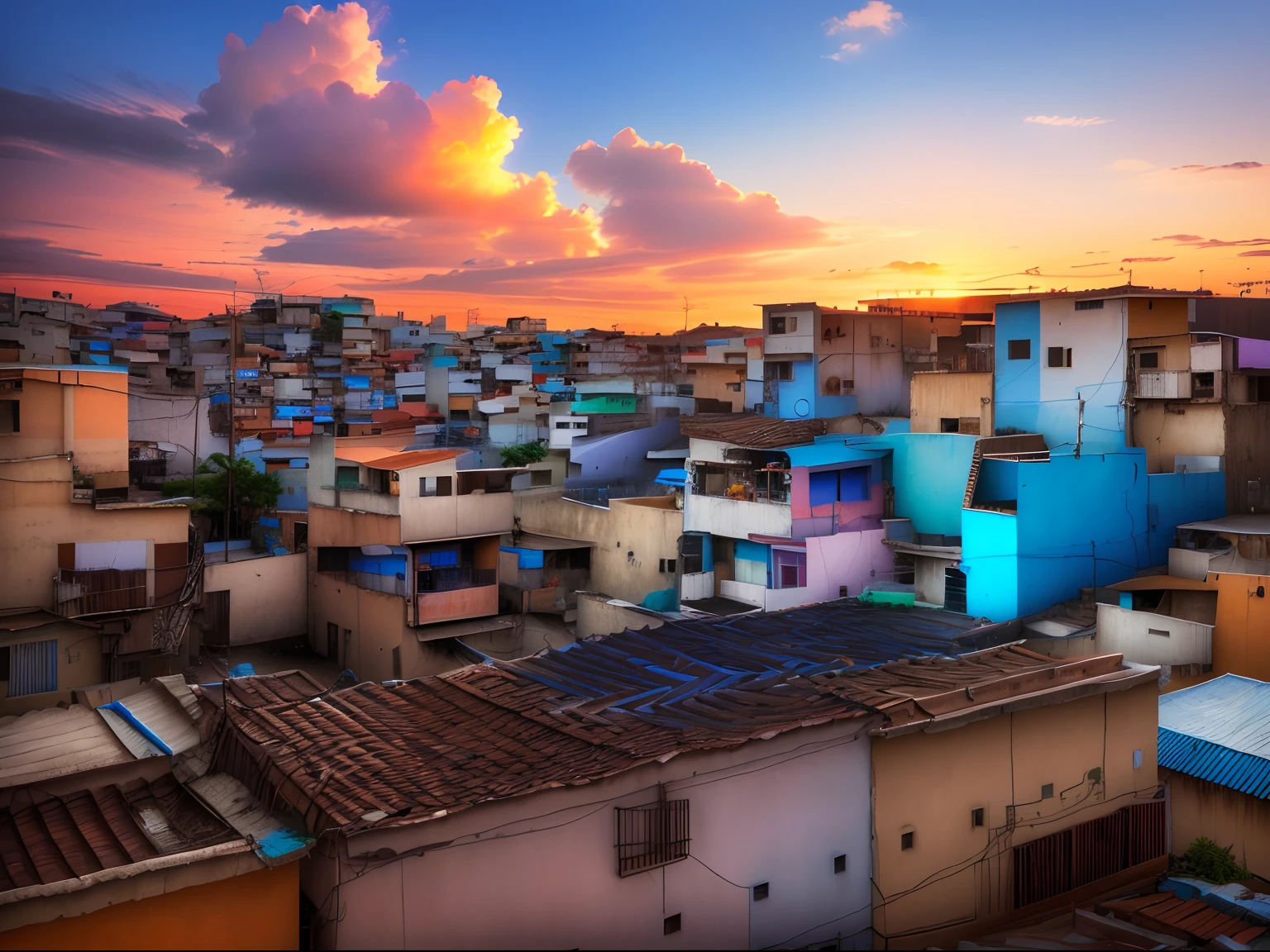 Favela, revival, colorido, blue skies, dia insolarado, realista