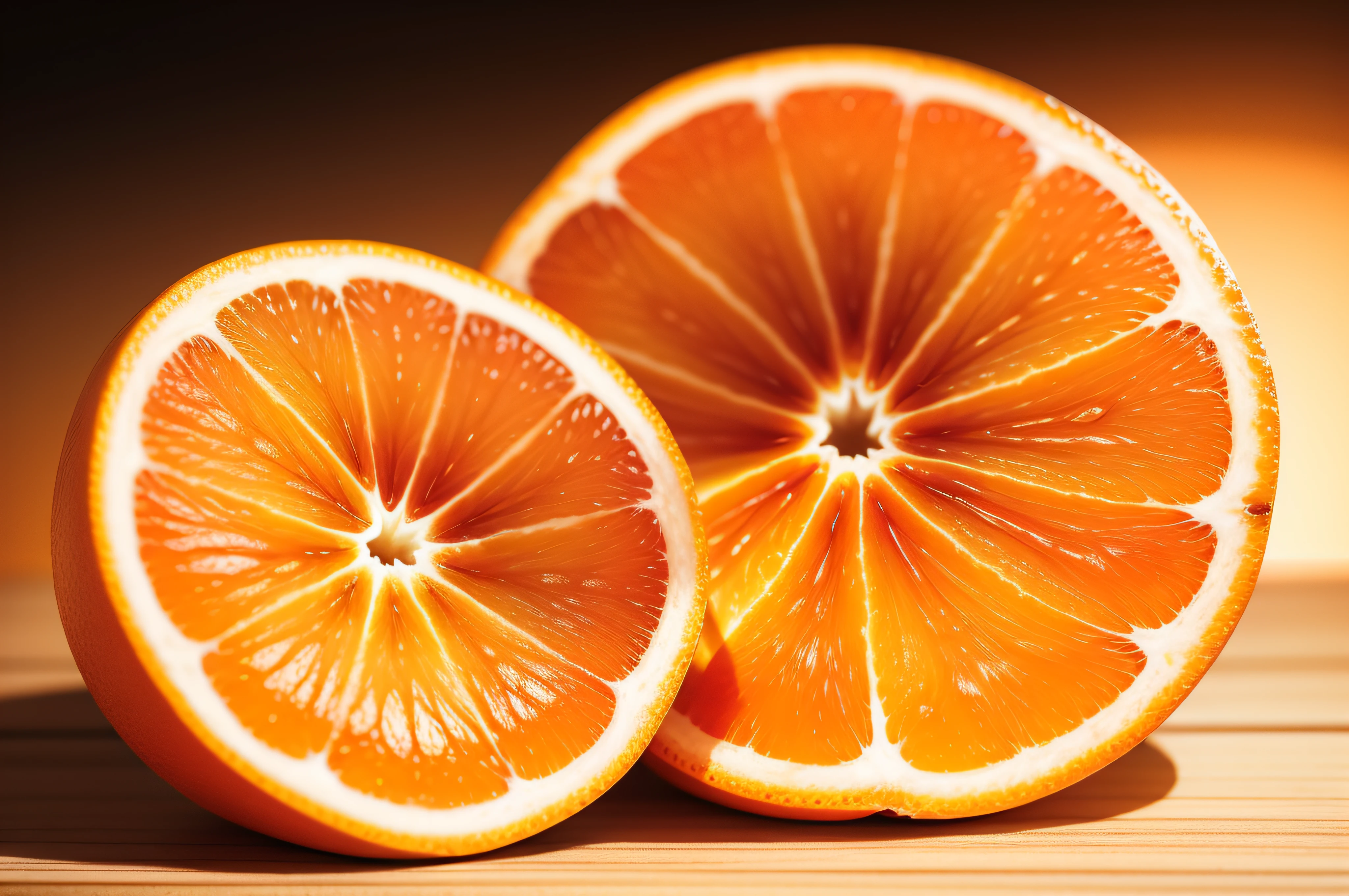macro shot of a sliced orange, top view, white background, table top light, hires photo