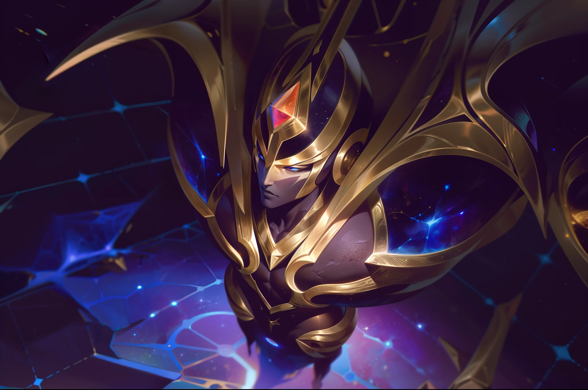 Man line of cosmic skins lol With golden details aspect seen from above the whole evil body