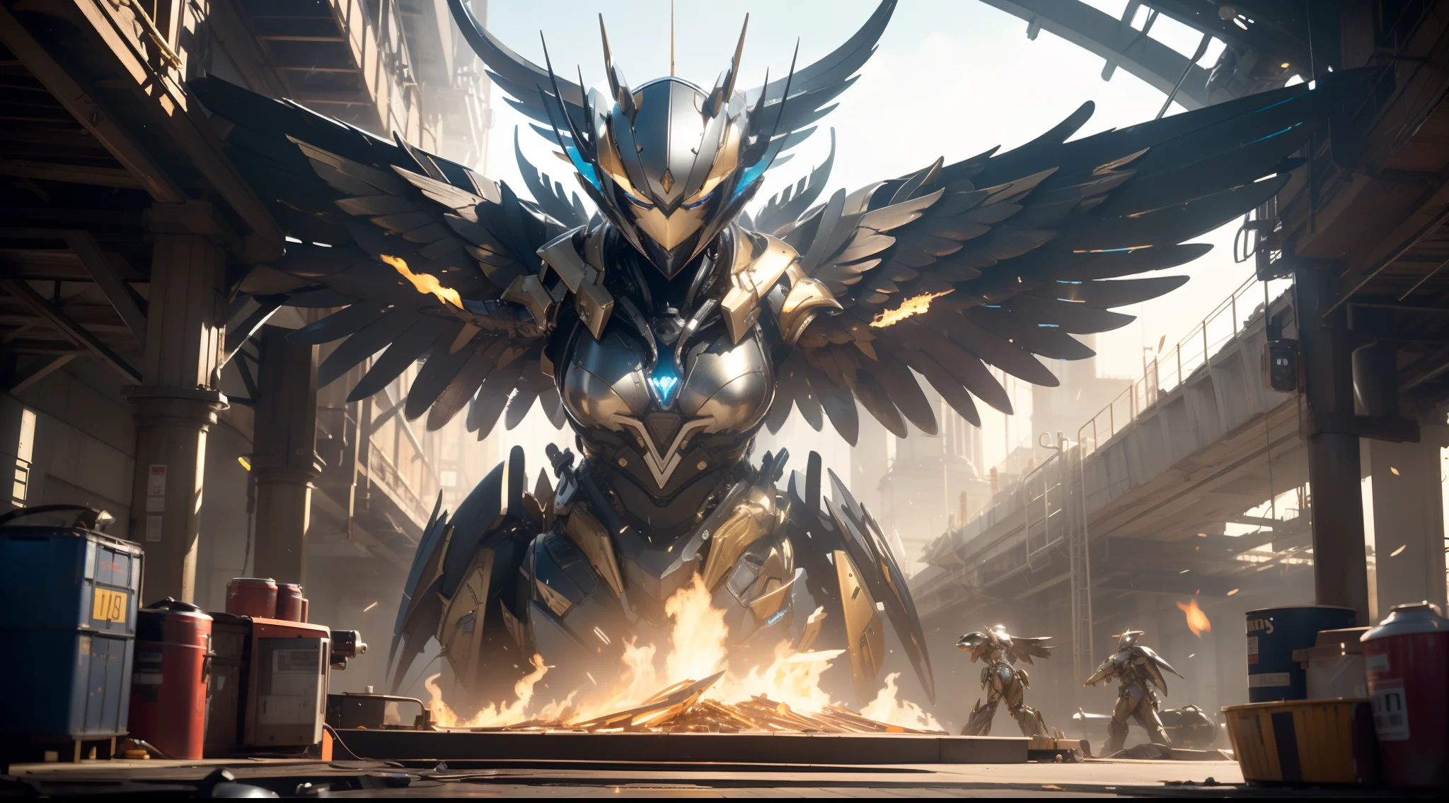 Female sculpture in excellent detail，Cool mechanical texture，Dynamic angle，The movements are ferocious，Silver mech appearance，Metallic texture detail，Fire and lightning effects，A pair of glowing mechanical wings on the back，Streamer effects，Robot joint detail metal wing