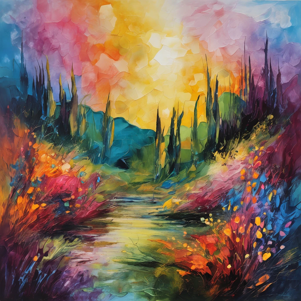 Abstract style landscape, flowers, bushes, water, mute colors watercolor, masterpiece, professional majestic oil painting, intricate, high resolution, Sharp focus, dramatic, photorealistic, abstract painting art (Van Gough Style)