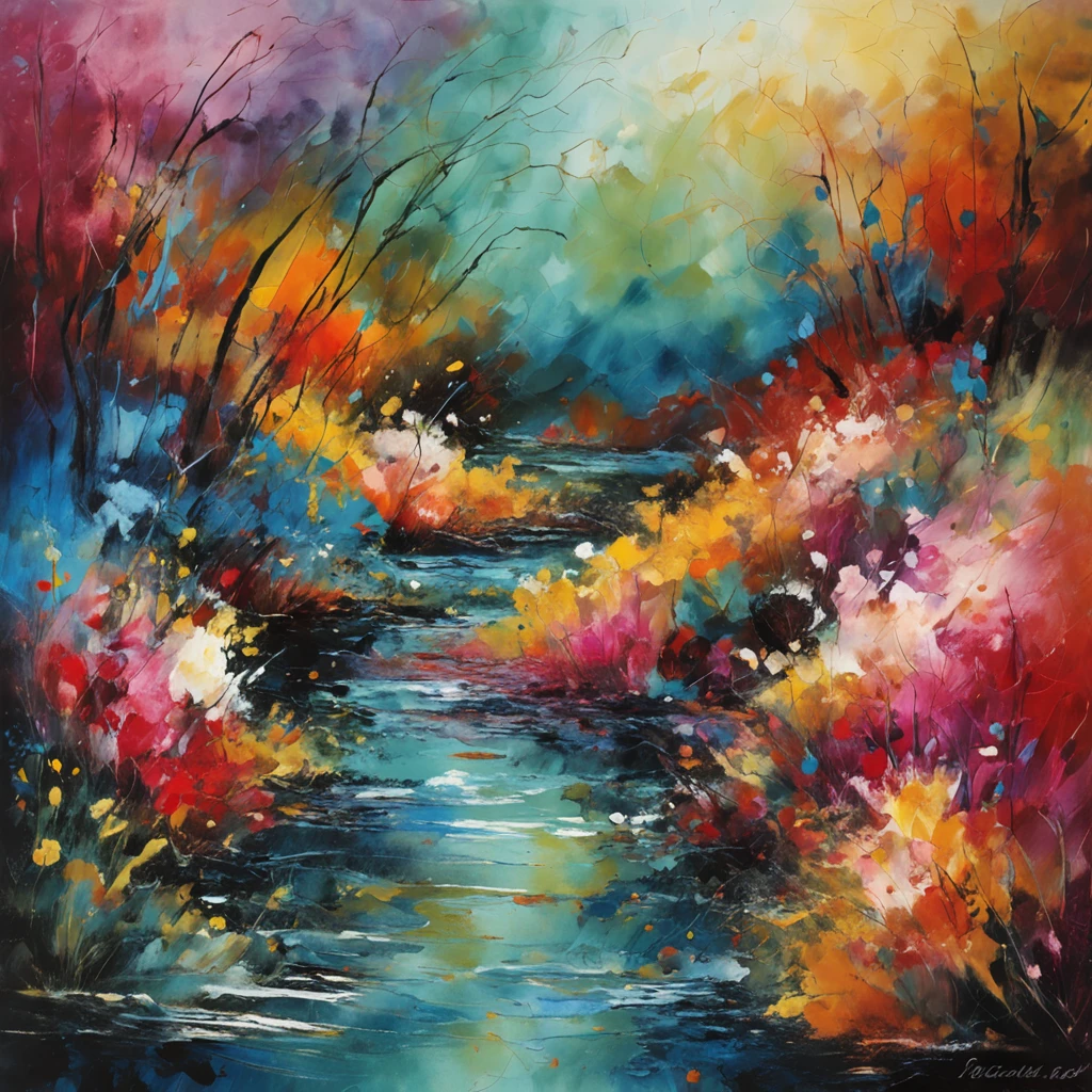 Abstract style landscape, flowers, bushes, water, mute colors watercolor, masterpiece, professional majestic oil painting, intricate, high resolution, Sharp focus, dramatic, photorealistic, abstract painting art (Van Gough Style)