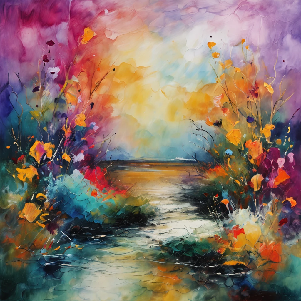 Abstract style landscape, flowers, bushes, water, mute colors watercolor, masterpiece, professional majestic oil painting, intricate, high resolution, Sharp focus, dramatic, photorealistic, abstract painting art (Van Gough Style)