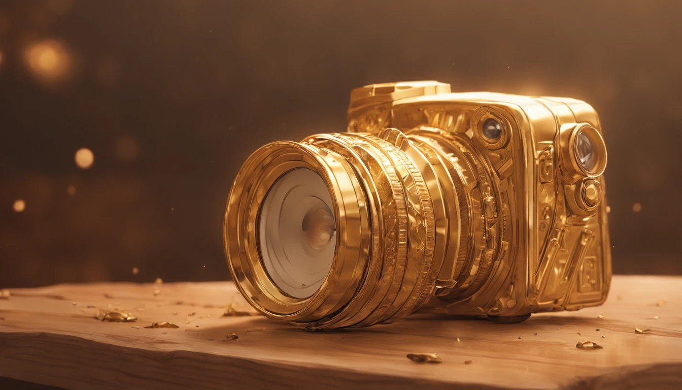 Por gentileza, Create a highly realistic representation of a camera made of gold, colocada de forma delicada sobre uma mesa de madeira. It is essential to emphasize the details in this scene. The camera, feita de ouro, It should exhibit a luxurious texture and metallic reflections that capture light in an authentic way. Every curve and detail must be accurately reproduced, giving the camera a palpable physical presence. The wooden table should present natural veins and texture that not only can be seen, but also senses to the touch. The lighting, precisely adjusted, It should highlight the golden tones of the camera and highlight the texture of the wood, giving it a vivid feel. Pequenos detalhes, como a borda chanfrada da mesa, aprimoram ainda mais a autenticidade da cena. Realistic reflections on surfaces should reflect the configuration of the environment, while the delicate sheen of the gold camera should contrast harmoniously with the matte texture of the wood. It is important to employ the technique of ray tracing to create accurate reflections and, por fim, renderizar a imagem em UHD de 8K para uma nitidez impressionante. The resulting scene should be a thorough and engaging representation, able to convey the feeling of the presence of the golden camera on the wooden table