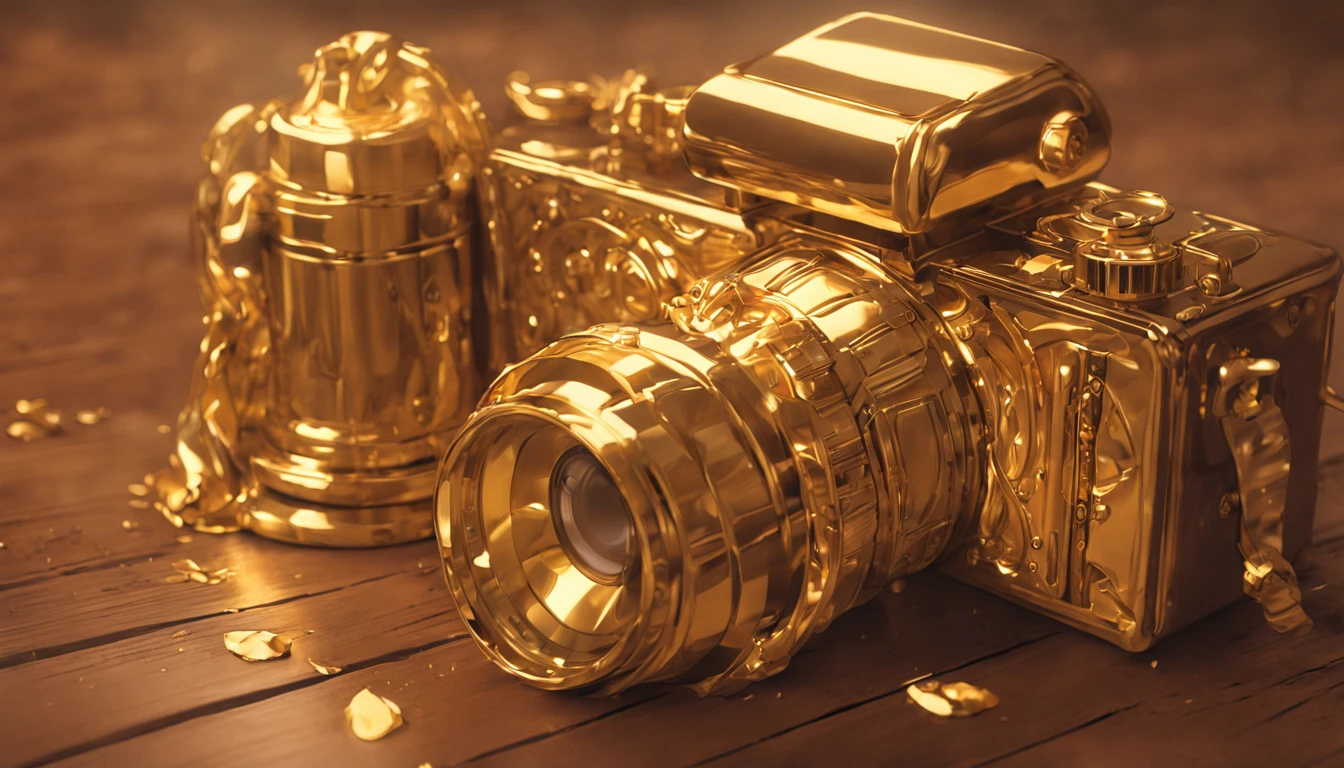 Por gentileza, Create a highly realistic representation of a camera made of gold, colocada de forma delicada sobre uma mesa de madeira. It is essential to emphasize the details in this scene. The camera, feita de ouro, It should exhibit a luxurious texture and metallic reflections that capture light in an authentic way. Every curve and detail must be accurately reproduced, giving the camera a palpable physical presence. The wooden table should present natural veins and texture that not only can be seen, but also senses to the touch. The lighting, precisely adjusted, It should highlight the golden tones of the camera and highlight the texture of the wood, giving it a vivid feel. Pequenos detalhes, como a borda chanfrada da mesa, aprimoram ainda mais a autenticidade da cena. Realistic reflections on surfaces should reflect the configuration of the environment, while the delicate sheen of the gold camera should contrast harmoniously with the matte texture of the wood. It is important to employ the technique of ray tracing to create accurate reflections and, por fim, renderizar a imagem em UHD de 8K para uma nitidez impressionante. The resulting scene should be a thorough and engaging representation, able to convey the feeling of the presence of the golden camera on the wooden table