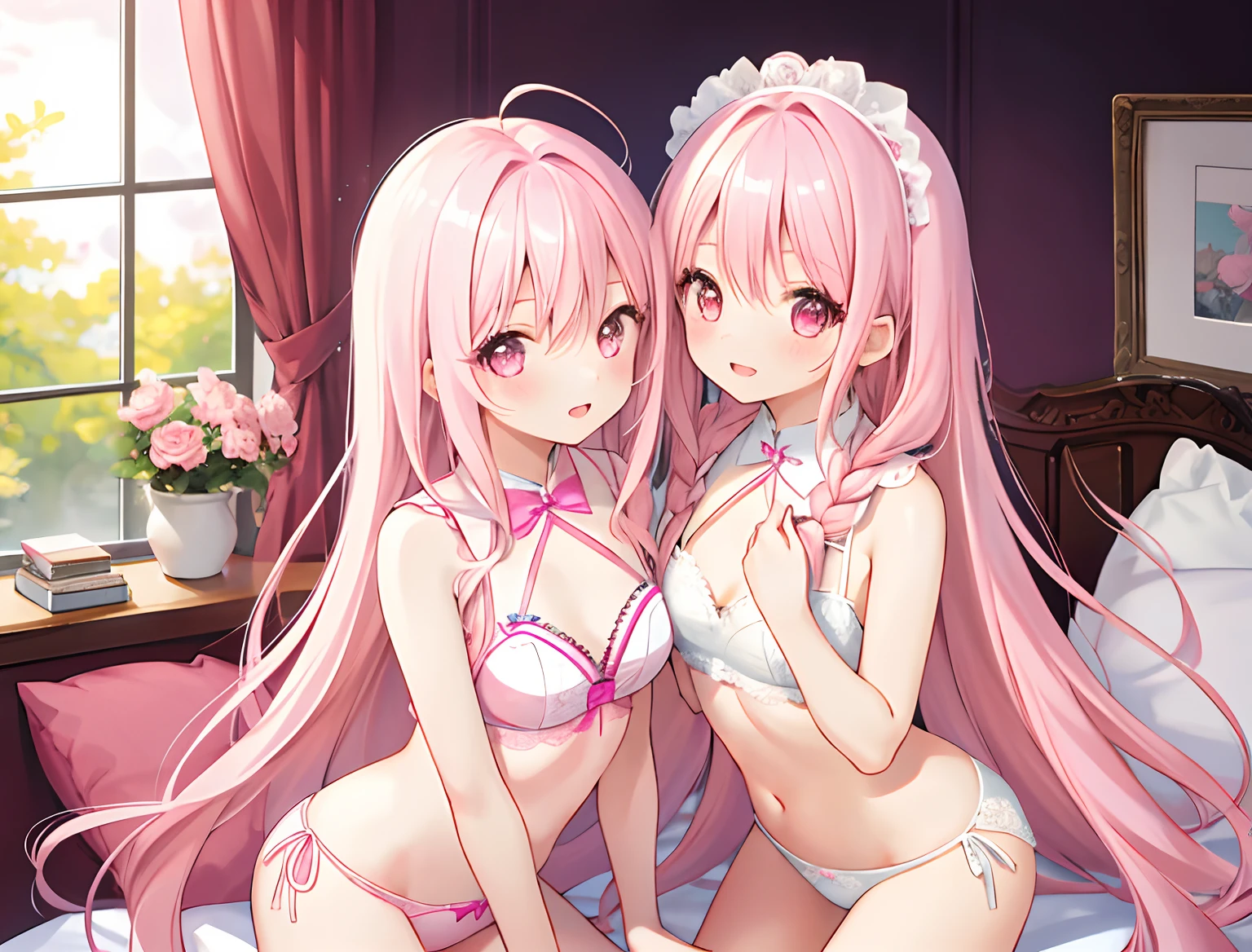 2girls，Girl1：，adolable，A pink-haired，long whitr hair，girl 2：A pink-haired，long whitr hair，Touch each other's chests，Lace lingerie panties，