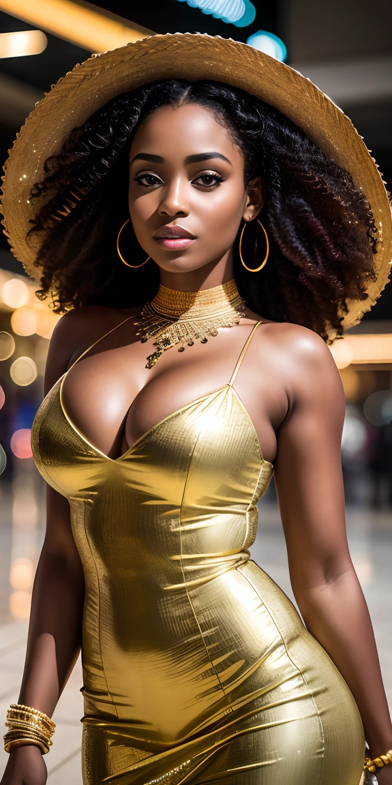 RAW uhd face close-up of a african goddess posing like in the Taras Loboda photo, Flawless Women, wavy curly hair, (detailed face:1.5), tan-skinned, Highly Detailed Deep Cleavage in Lace Steel Dress),  full body, shopping in the mall, hot color, reflectors, SnowPrincessw, masterpiece, perfectly proportions, photos realistic top-quality detaileds photographed in a Canon EOS R5, 50mm Lens, 8K,wall-paper, dark, noise, offset, high contrast