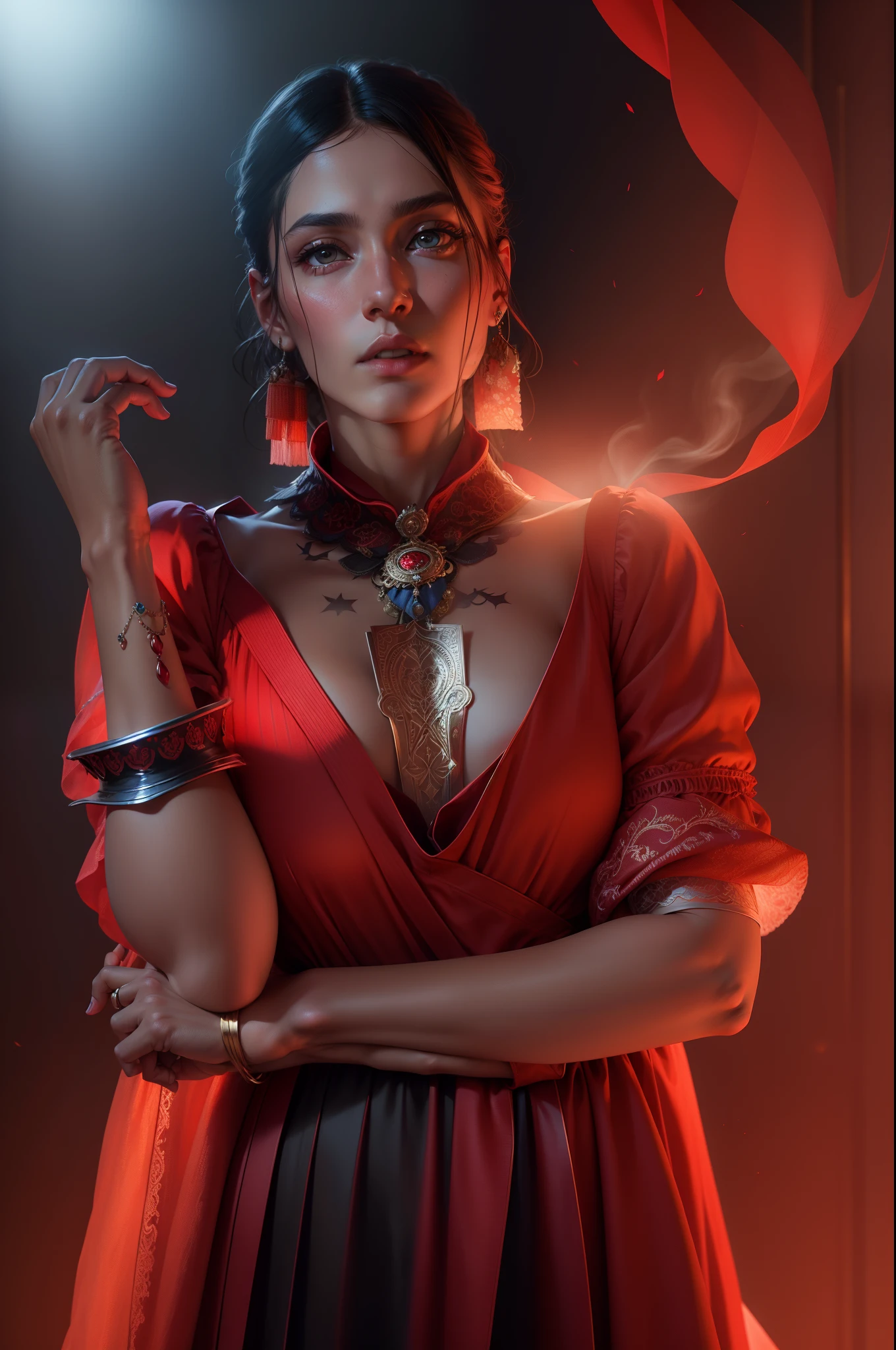 High valume fashion photography , realistic 8k resolution , Right side red colour reflection , left side blue colour reflection , smoky background , historical portrait.