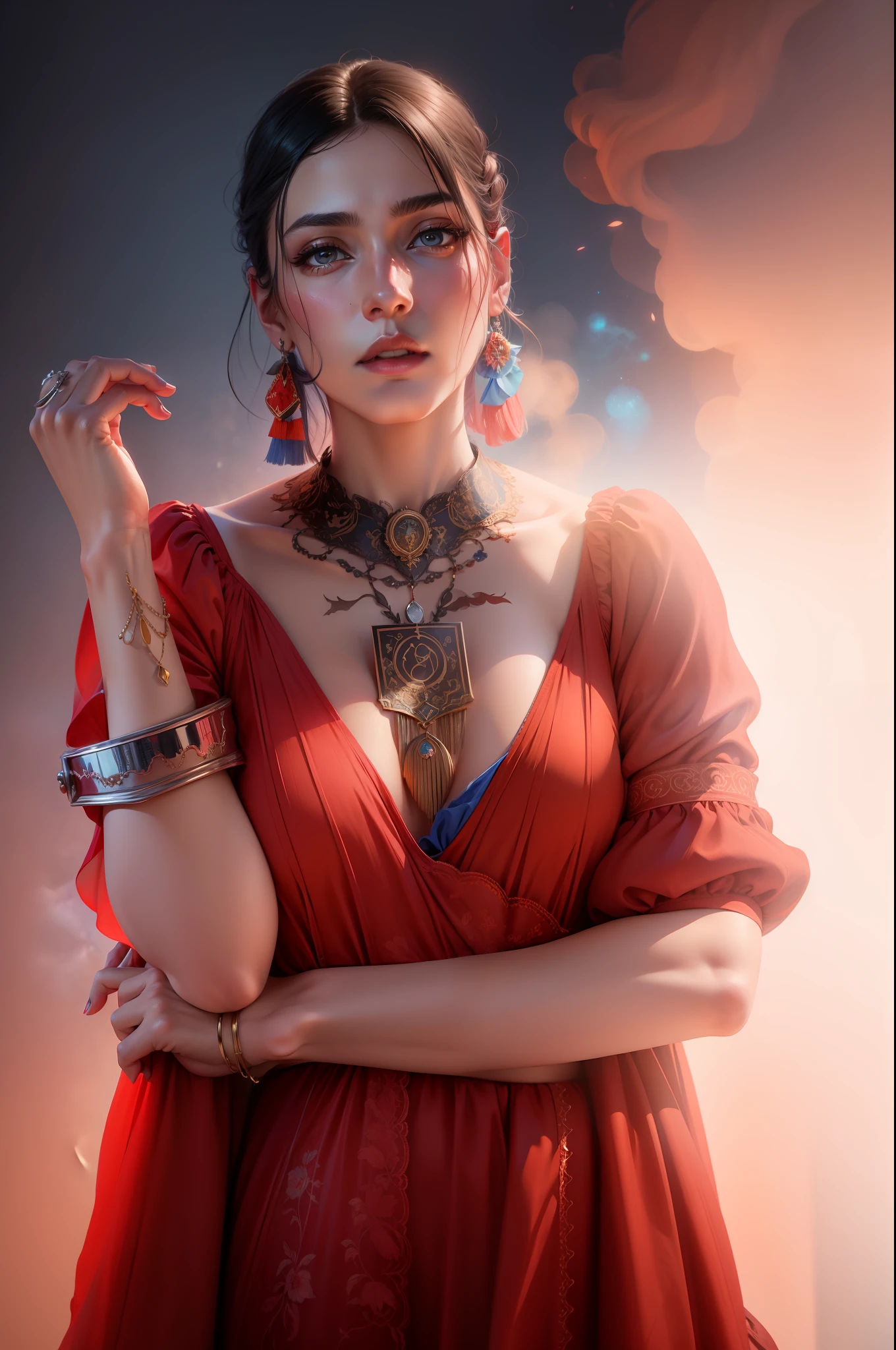 High valume fashion photography , realistic 8k resolution , Right side red colour reflection , left side blue colour reflection , smoky background , historical portrait.