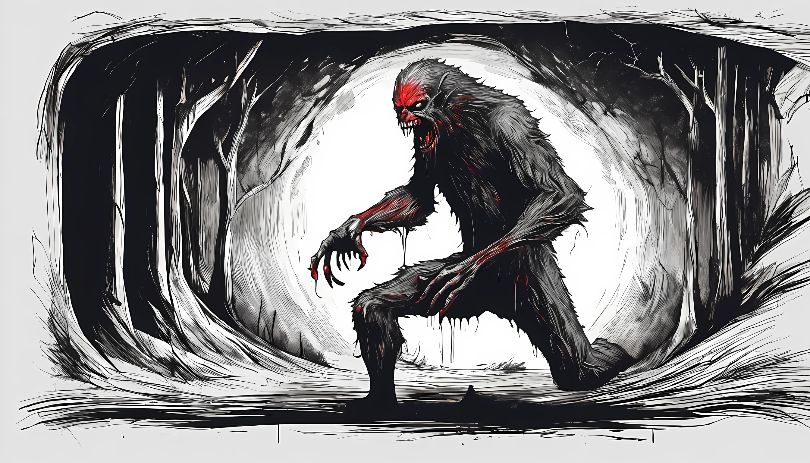 "Terrifying horror art of a full-bodied terrifying werewolf with sharp teeth, set in a dark ambient cabin. The artwork showcases the eerie atmosphere of Poland cryptid folklore.", standing in horrifying pose, red liquid on face