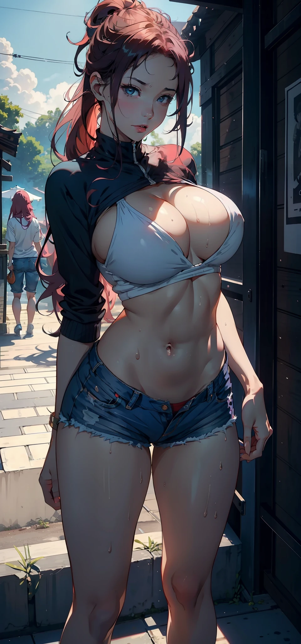 1female,35yo,熟妇,noodle,long leges,Big breasts Thin waist,the super hot and sexy,gigantic cleavage breasts,Pornographic exposure, 独奏,(Background with:ln the forest,the rainforest,in summer) She has long pink hair,Very long hair,Long flowing hair,With a headband,standing on your feet,Sweat profusely,drenched all over the body,seen from the front, curlies, mostly cloudy sky,(((tmasterpiece),(Very detailed CG unity 8K wallpaper),best qualtiy,cinmatic lighting,detailed back ground,beatiful detailed eyes,Bright pupils,blue color eyes(Very fine and beautiful),(Beautiful and detailed eye description),ultra - detailed,tmasterpiece,)),facing at camera,A high resolution,ultra - detailed),,revealing breasts,Bare genitalia, Bulge,Camel toes,Raised sexy,Flushed complexion,Open-mouthed,frontage,(Wearing:Red baseball jacket,Erotic denim shorts,athletic sneakers,Lewd nudity)fully body photo,Show shoes