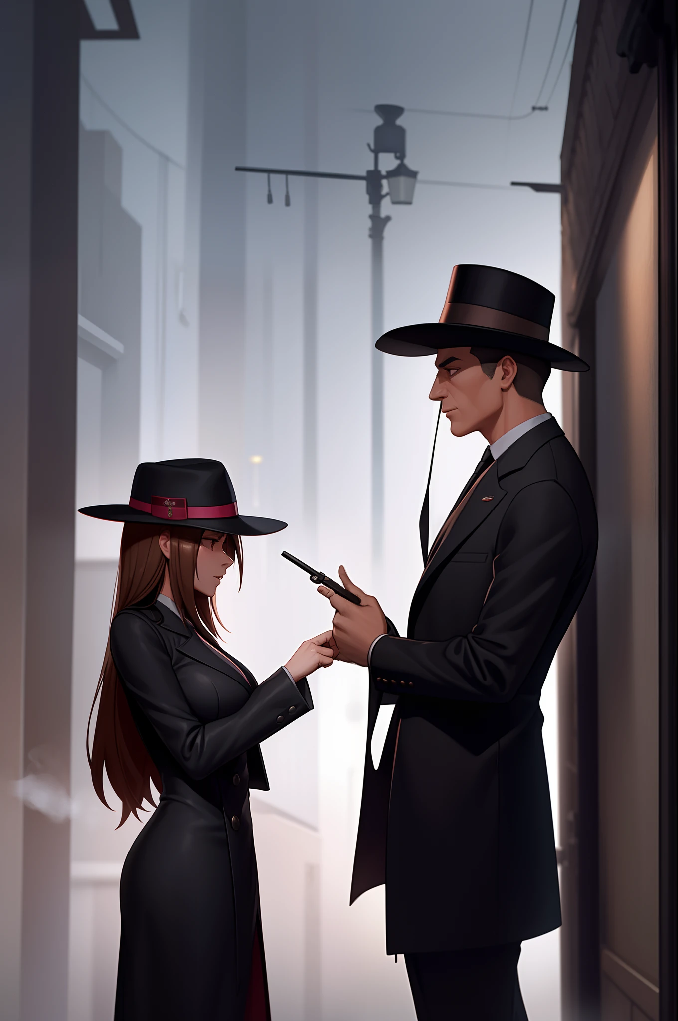 Uma imagem de um detetive particular dos anos 1940 vestido com um traje de detetive sensual e cativante, investigando um clube de jazz fumegante. The scene evokes the atmosphere of a classic crime novel, with moody lighting, Jazz music and a hint of danger in the air, Detective in a brown hat and coat smoking a sigarro in a rainy alley with noir atmosphere leaning against a wall while smoking 8K rendering", octane rendering ", octane rendering", super detailed rendering, Super octane rendering, hyper-detailed 3D rendering --auto