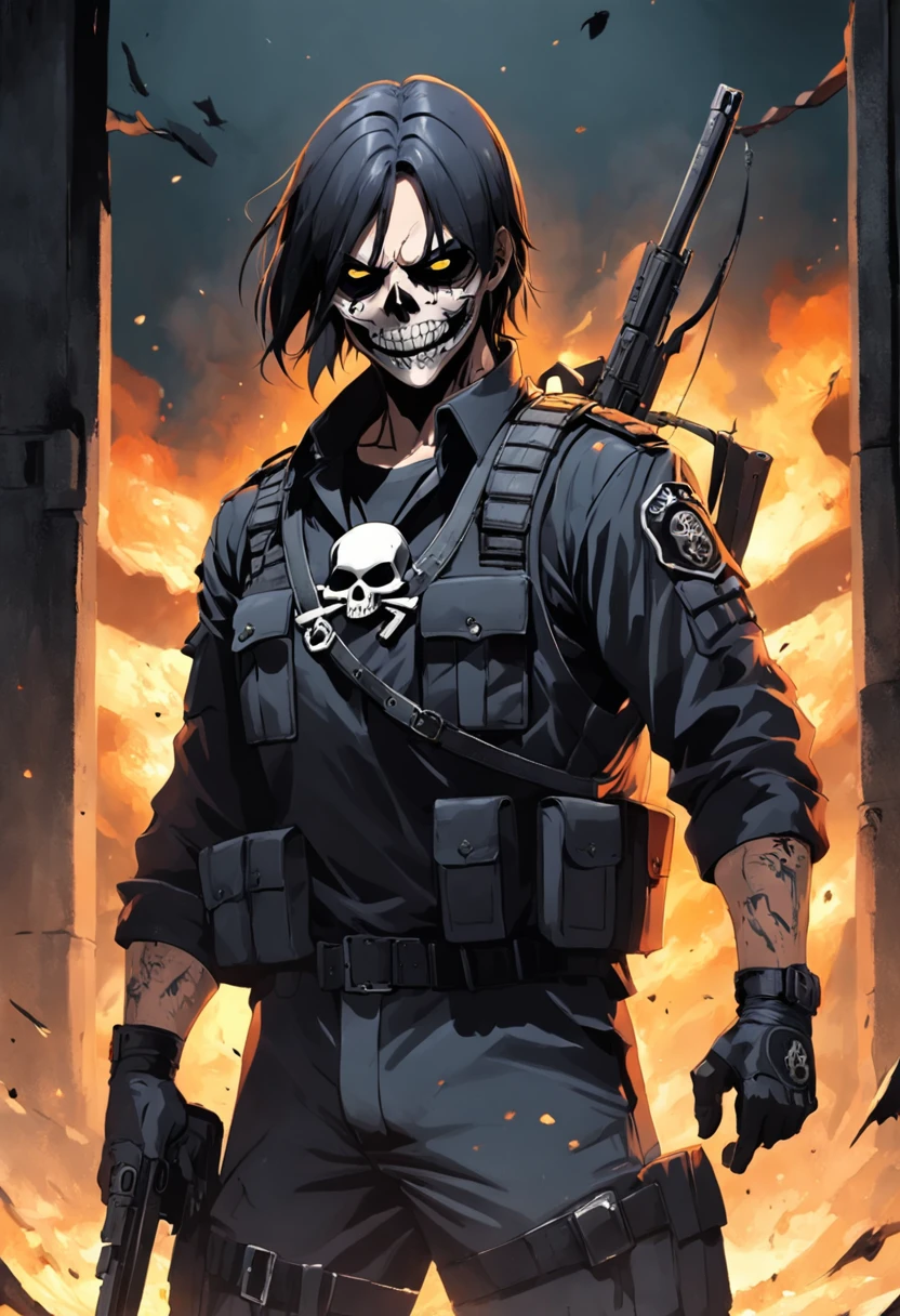 background with a penitentiary on fire, 3D, 16k, vector,  show hands, vivid color splatter, intricate details, skull police character, 01 police officer with face and skull, showing hands with blood, carrying a flag with letter "D", bac in black oil decal with wet glitter look, full moon night, midnight, cemetery, serious, dry trees, rim light, edge vignette, Greg Rutkowsk