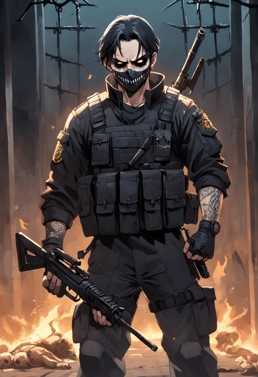 Um Policial com o rosto super detalhado de caveira sinistra, com os olhos super detalhados e sinistros, com um sorriso super detalhado e sinistro，With two daggers in his hands，Special Forces style, estilo assassino, Com um rifre de assalt fusil nas costas, facing a super detailed penitentiary and catching fire, sinister and burning penitentiary, Penitentiary door similar to Hell's Gate, Credo dos Assassinos. Make sure there is no noise and that the lines are thick and sharp like contour art, (((pose interagindo e se apoiando [em uma objeto|em algo no ambiente]))), foco em um quadro vertical da imagem."((full body):1.5). 16k, UHD, best possible quality, ((best possible detail):1), best possible resolution, Unreal Engine 5, professional photography, perfect_hands, (perfeito:1.2)