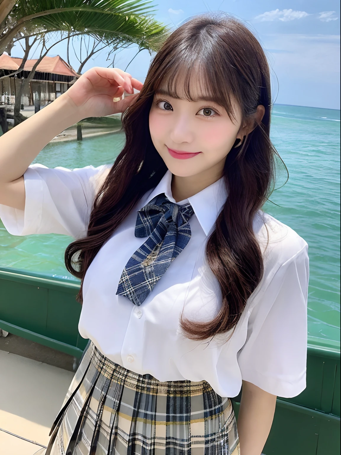 ((top-quality、8K、​masterpiece：1.3))、foco nítido：1.2、Beautiful schoolgirl in perfect style：1.4、A slender、((A dark-haired、huge tit、tits out：1.2))、(夏天、Mare、beach、Enoshima:1.1)、Highly detailed facial and skin texture、A detailed eye、二重まぶた、Sweaty、A sexy、the beach、summer vacation、date、Okinawa、hawaii、Mare、sand beach、ocean view、((beach))、((Uniform 1.5))、jk suit plaid skirt pleated skirt shirt bowtie