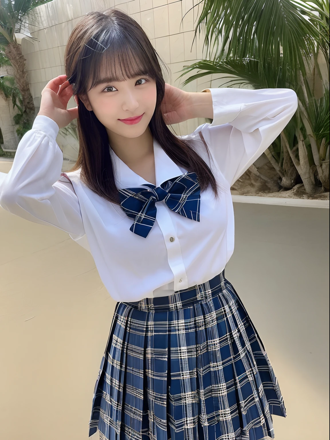 ((top-quality、8K、masterpiece:1.3))、foco nítido:1.2、Beautiful girl in perfect style:1.4、A slender、((A dark-haired、huge tit、tits out:1.2))、(夏天、Mare、beach、Enoshima:1.1)、Highly detailed facial and skin texture、A detailed eye、二重まぶた、Sweaty、A sexy、the beach、summer vacation、date、Okinawa、hawaii、Mare、sand beach、ocean view、((beach))、((Uniform 1.5))、jk suit plaid skirt pleated skirt shirt bowtie