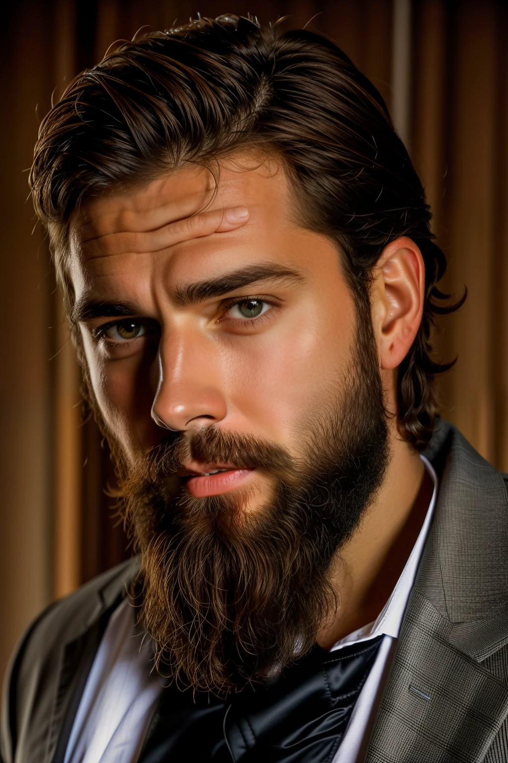 Man with beard and jacket looking at the camera, homem muito atraente com barba, cinematic headshot portrait, barba marrom grossa, barba cuidada, barba marrom, homem bonito barbudo, barba marrom curta, barba clara, antony starr, barba grisalha, homem com barba, homem barbudo, barba marrom desgrenhada, barba arrumada, barbado, barba grossa