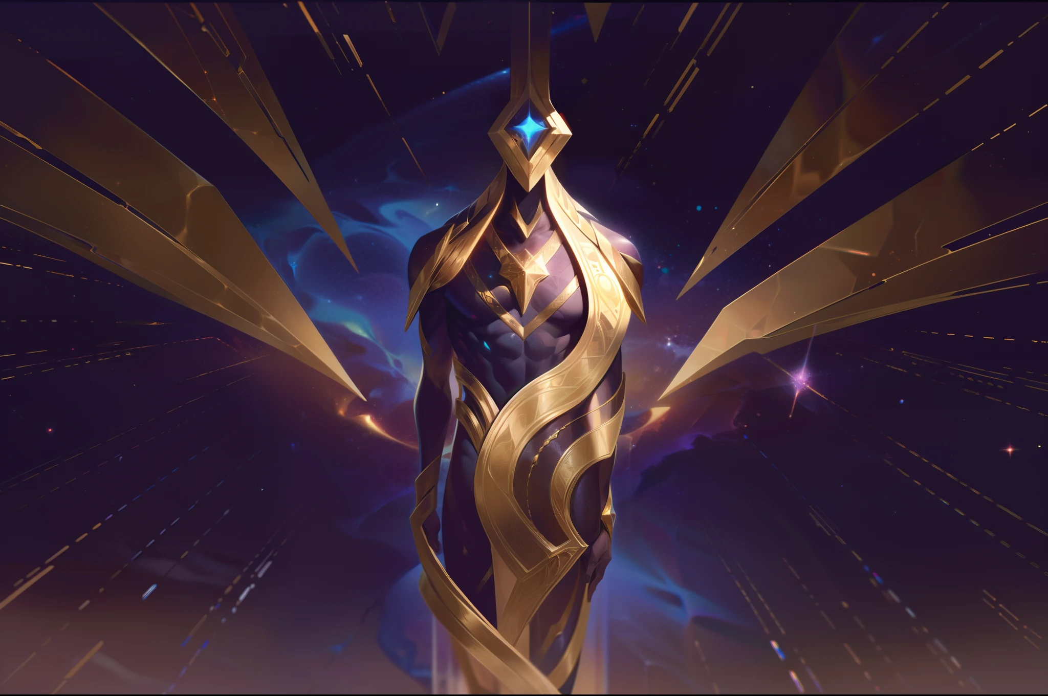 Man line of cosmic skins lol With golden details aspect seen from above the whole evil body