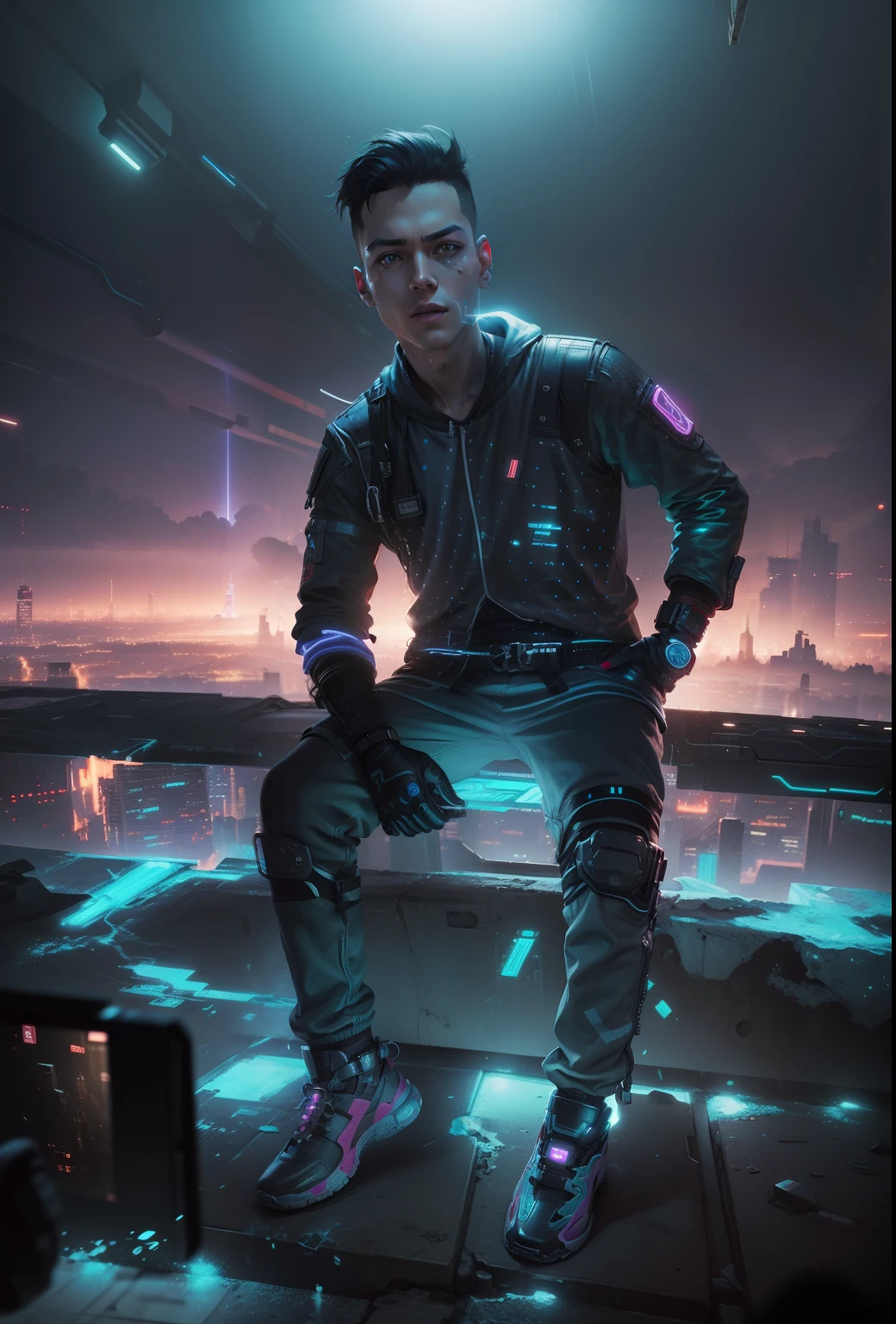 change this photo backgrount cyberpunk smart boy realistic .sk.ulta realistic photo