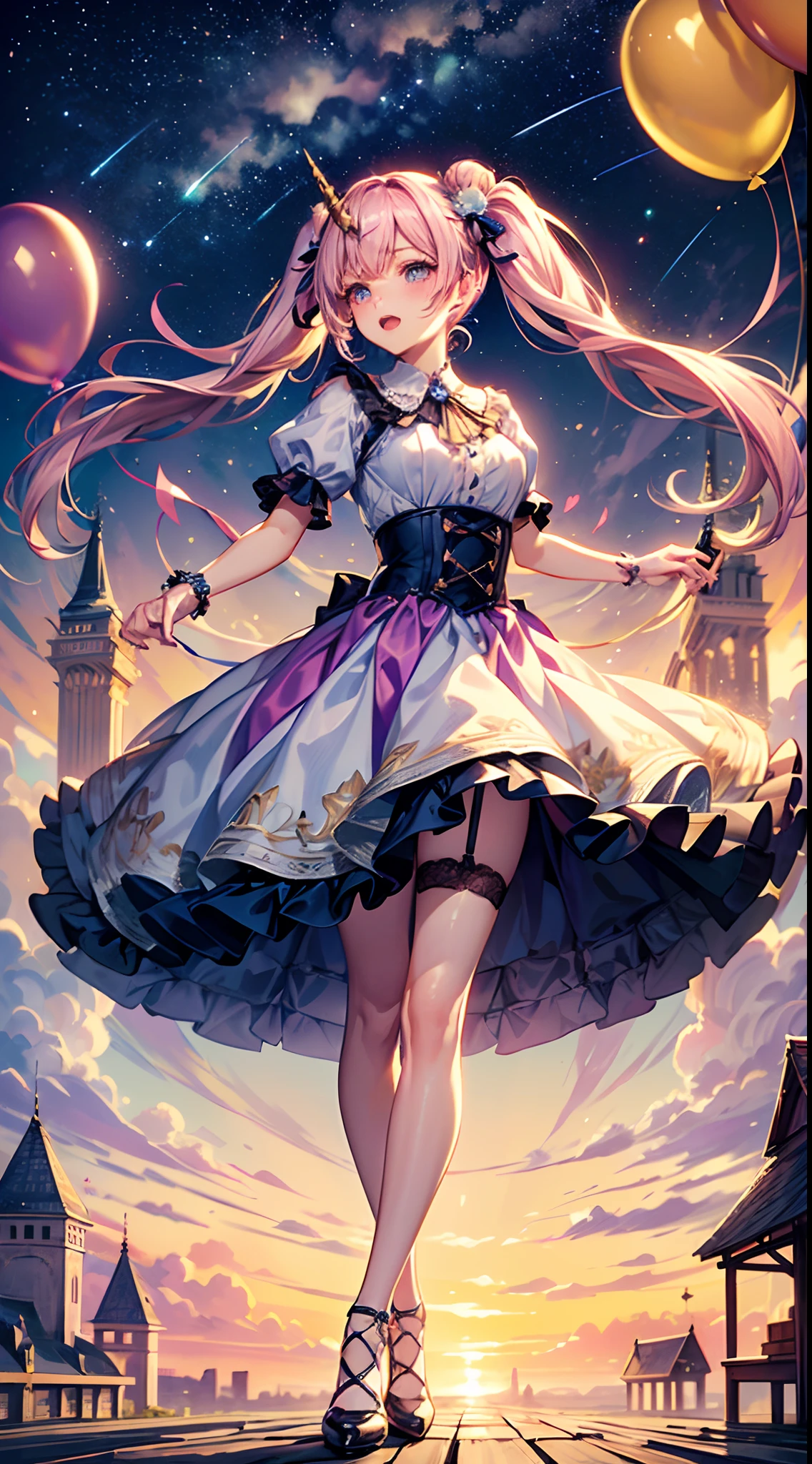 (fullbody, legs and shoes visible: 1.2)) expressive eyes, woman, pale skin, long hair, windblown hair, ((absurdly long hair)), long sidelocks, hime bangs, hair fringe, hair bun, ((very long twintails)), iridescent hair, light pink hair, blushing, full face blushing, big sparkling pastel purple eyes, (gradient eyes), open mouth smile, cute pose, ((holding balloons : 1.3))
((cute and pastel fashion)) ((🦄🎠🎈😎 theme : 1.4)) flowy pastel dress, ((dreamy multicolored open dress)), (floating ribbons), lavender ruffles, pink frills, (light blue lace), detached short sleeves, puffy skirt, ((rainbows and stars print skirt : 1.3)), lolita skirt, purple bows, ((pompon ribbons hair ornament : 1.4)), multiple bows, striped lace stockings, (heart shaped leg garter), cute (pastel purple) shoes ((hyperdetailed clothing and fashion)) looking at you, vintage girl, blushing, (beautiful detailed eyes), (extremely detailed CG unity 8k wallpaper) (best shadow), ((an extremely delicate and beautiful)), (detailed light), ((depth of field)) big head, big sparkling eyes, moe, splash art, cinematic lighting, frontal view, volumetric lighting maximalist photo illustration 64k resolution high res intricately detailed complex key visual precise linear
((in the dreamy pastel sky background, surrounded by sunset clouds, shooting stars, castles in the clouds)) ((hyperdetailed scenery, foggy clouds, suspended by balloons, hearts : 1.3))