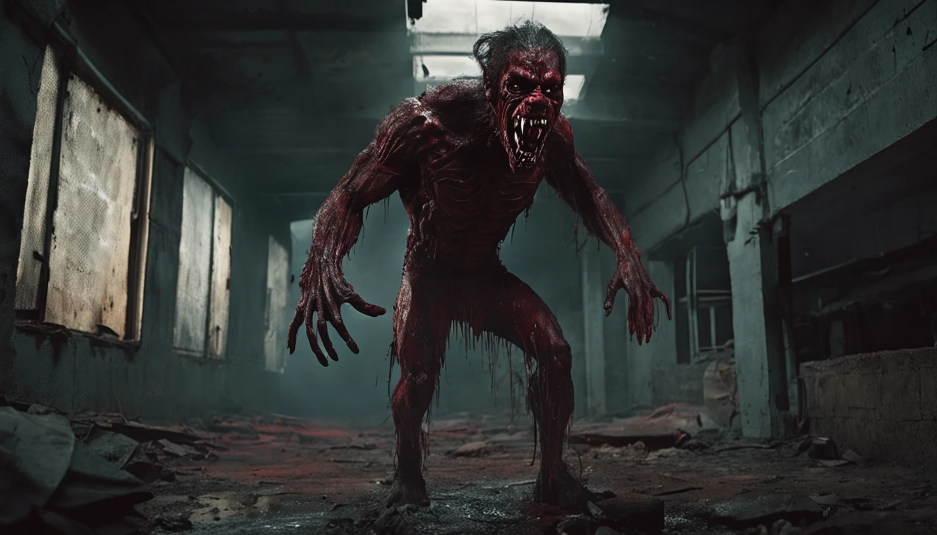 "Terrifying horror art of a full-bodied werewolf with sharp teeth, set in a dark ambient abandoned building. Standing in horrifying pose, red liquid"