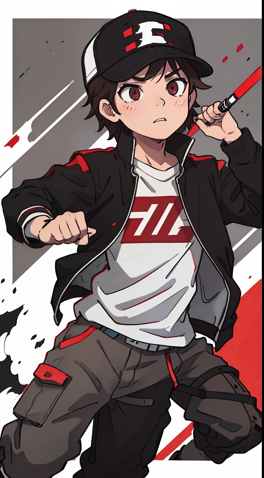1boy, , brown hair, brown eye colour, black jacket with red strip line and white sleeves, grey cargo pants, black smartwatch, black red and white baseball cap, greyscale, monochrome, halftone, drawing, manga, ((masterpiece)) 4k, ((manga style)) drawing style