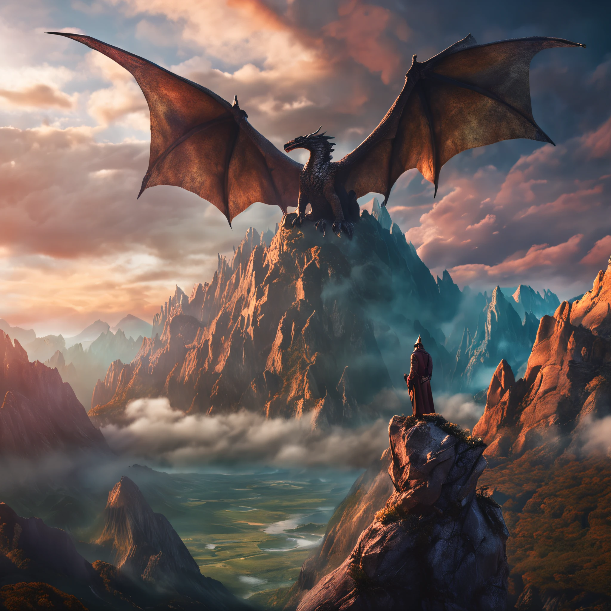 Fantasy art image of a wizard on top of a rock with a masterful view of mountains and dragons in the sky, 4k super detallado